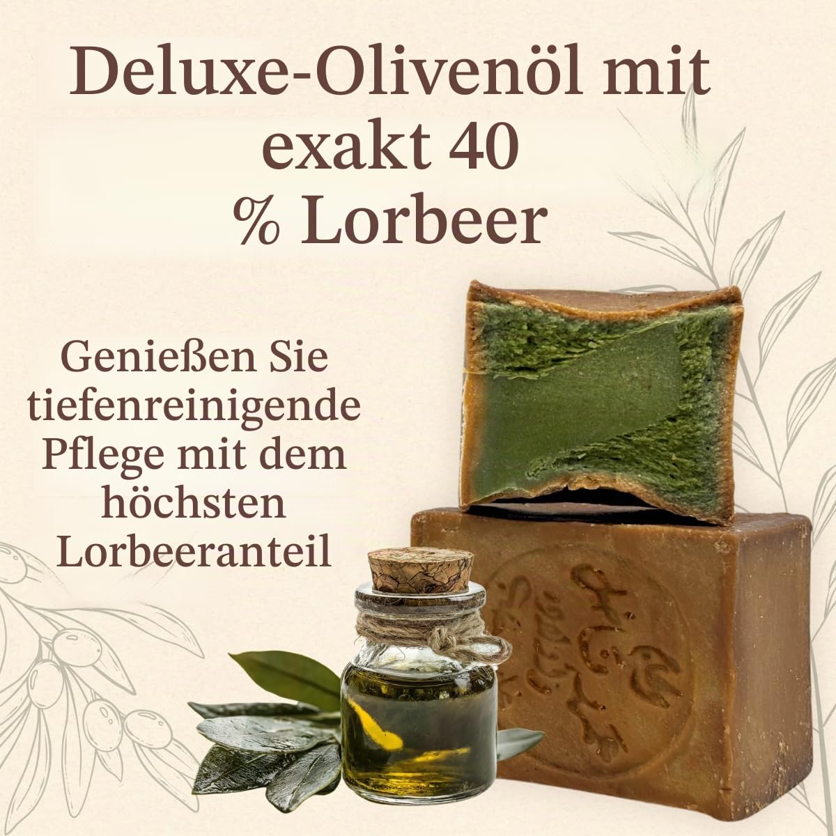 Aleppo Seife Original, 40% Lorbeeröl, 6x ca. 200g | Deluxe, Olivenölseife, 60% Olivenöl, Naturseife, Kernseife, handgemacht, plastikfrei verpackt