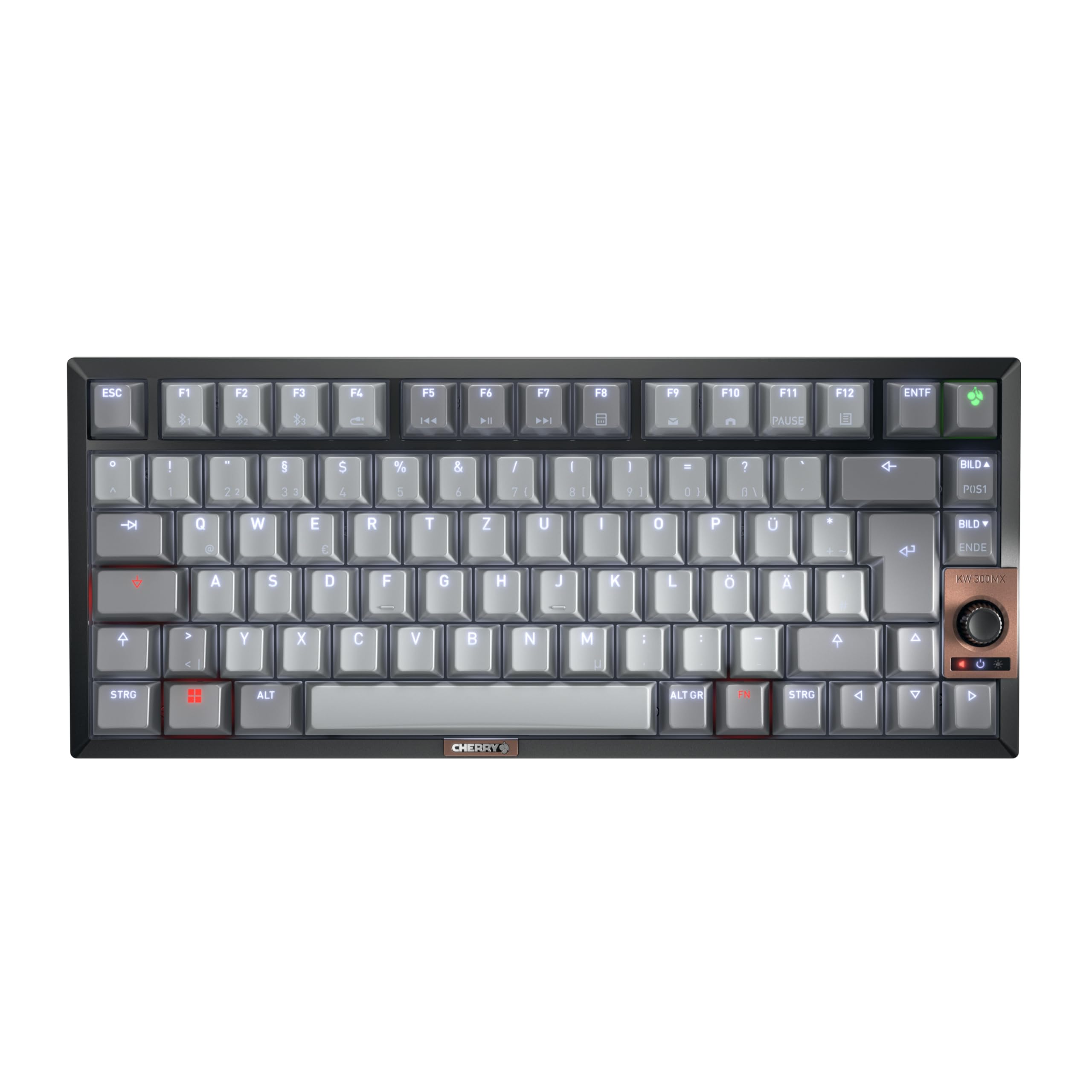 Cherry KW 300 MX, Teclado Mecánico Compacto Hot-​Swap, Disposición Alemana (QWERTZ), Iluminación Blanca, para Windows y Mac, Interruptores MX2A Silent Red, Negro