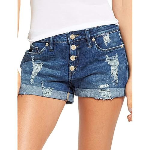 LookbookStore Women High Waisted Denim Shorts Ripped Button Fly Cuffed Jean Shorts