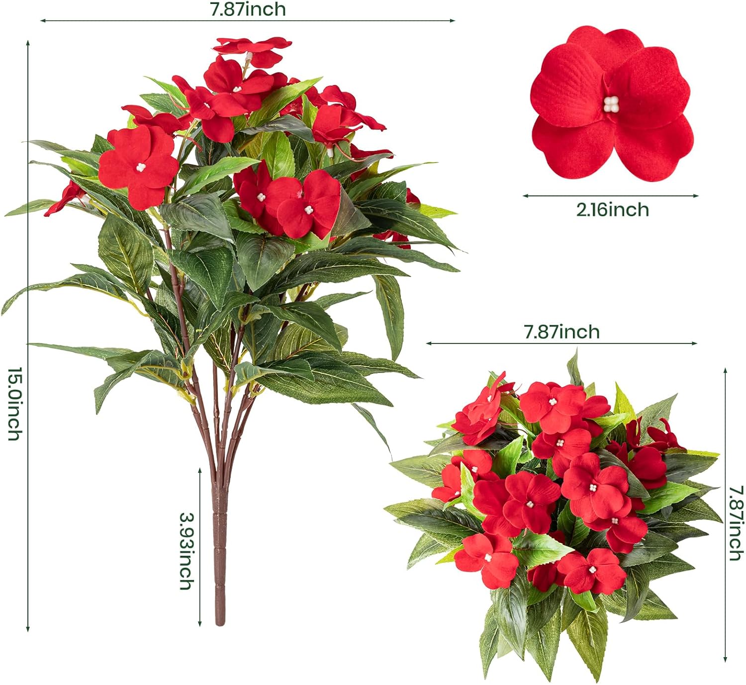 Artificial Fake Flowers for Outdoor Décor 6 Bundles UV Resistant Fake Plants for Planter Faux Impatiens for Home Porch/Garden Stunning(Red) - Image 2