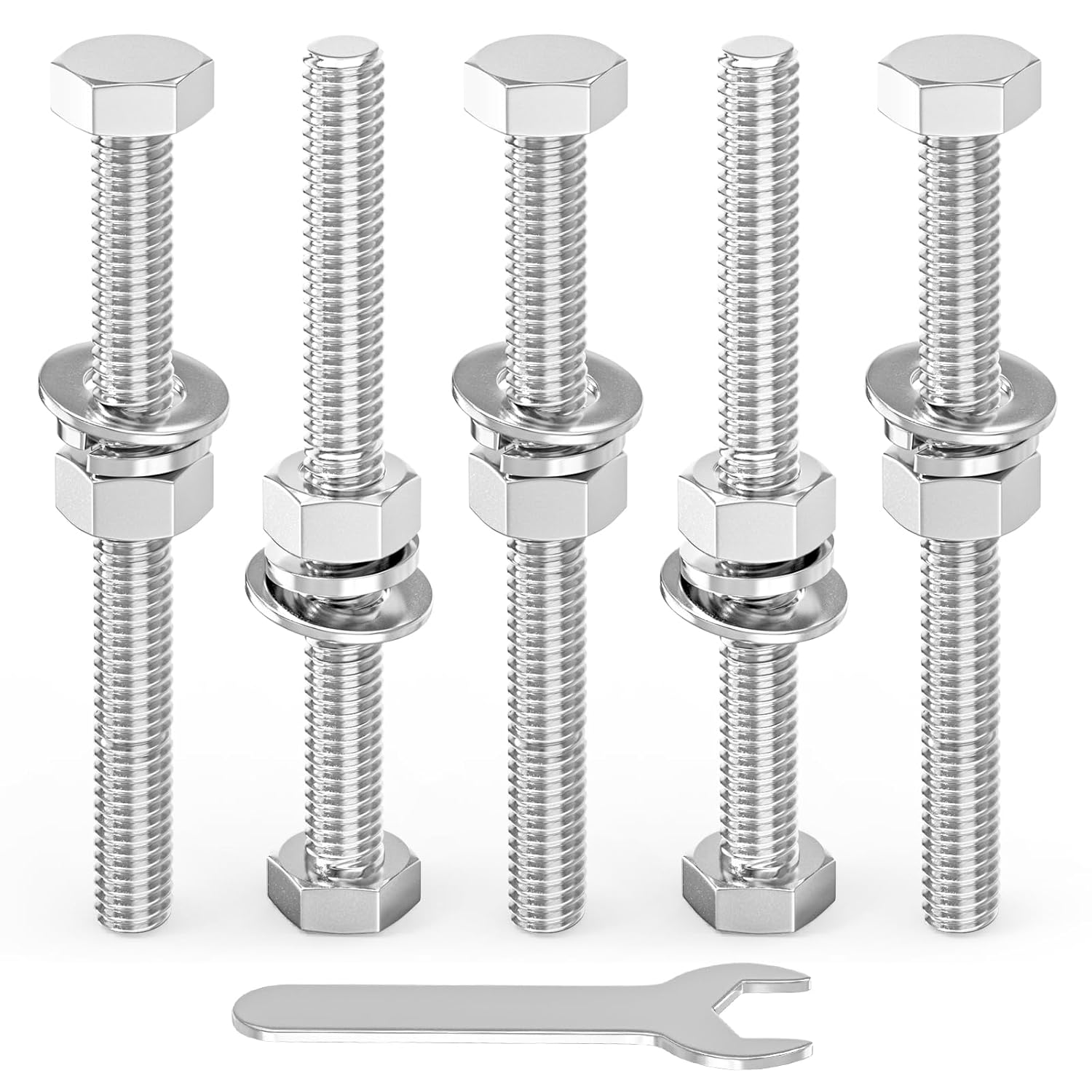 5PCS 1/2-13" x 5" 304 Stainless Steel Fully Threads Bolt, Hex Head Bolts with Nut Spacer and Spanner