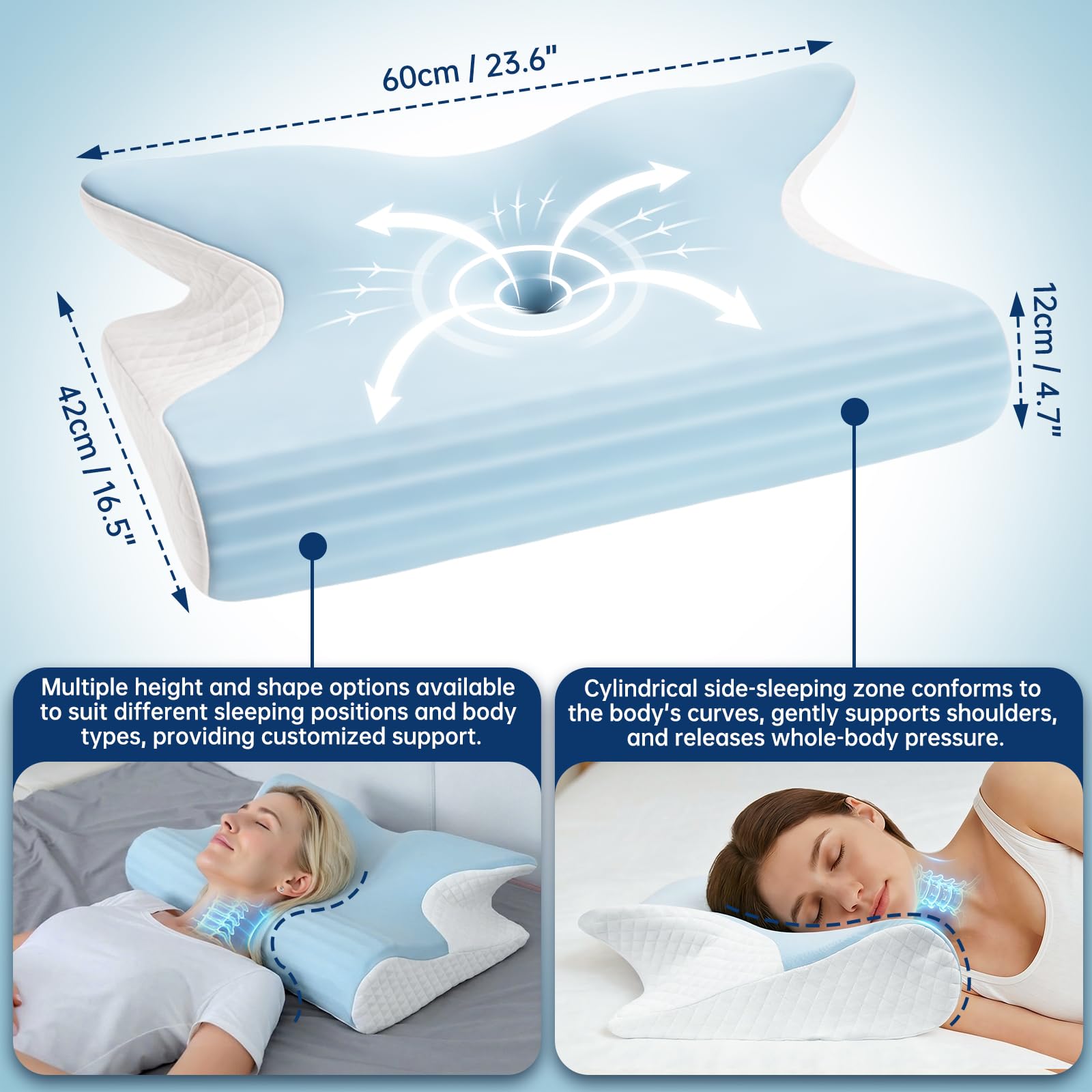 Cuscino Cervicale per Dormire - Cuscino Ergonomico in Memory Foam per Dolori al Collo, Cuscino Ortopedico Antirussamento e Guanciale Letto per Dormire sul Fianco, Schiena(60x42x14/12cm, Blu)