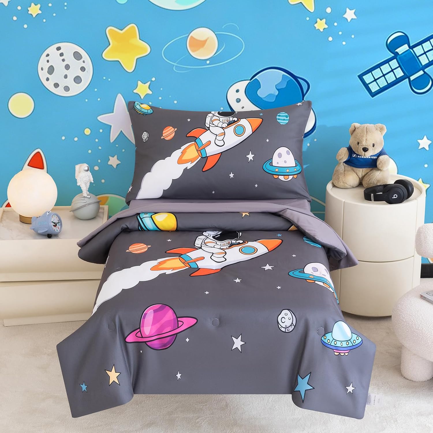 Astronaut Toddler Bedding Set for Boys, 4-Piece Crib Bedding Set Including Comforter, Fitted Sheet, Flat Top Sheet, and Pillowcase, Space-Themed Bedding Set for Baby's Bedroom, Grey