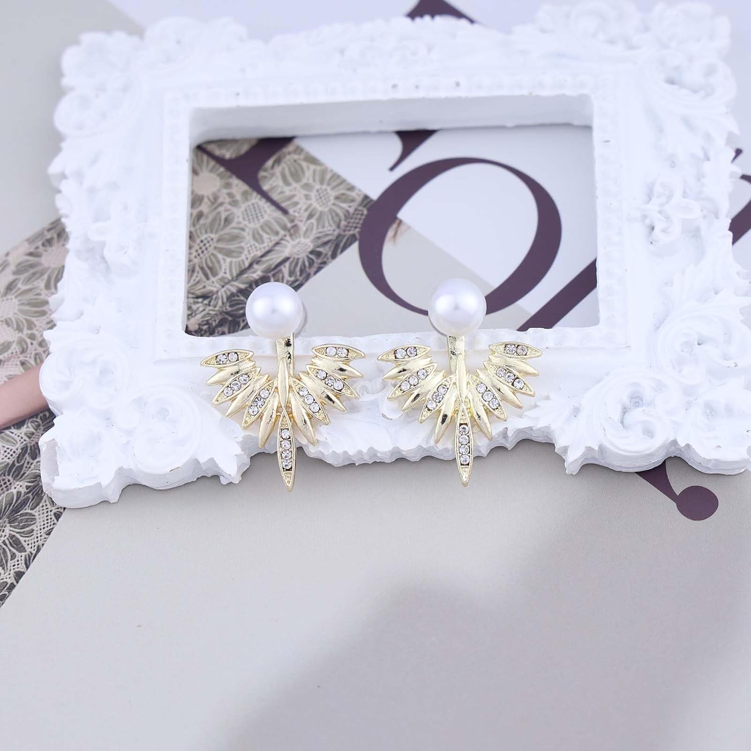 Bohemia Pearl Wings Ear Jacket Earrings Cz Wing Stud Earrings Gold Crystal Front Back Earrings Pearl Feather Earrings Two Way Earrings Jewelry for Women - Image 3