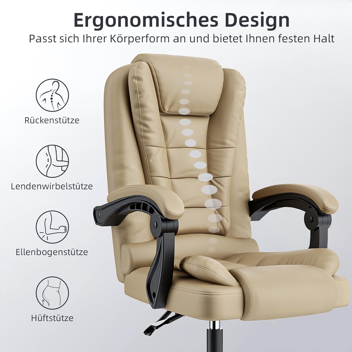 rattantree Bürostuhl Chefsessel Ergonomisch, PU-Leder Bürosessel Khaki | Chefsessel 150kg Hochlehner mit Federkern-Sitz, Höhenverstellbarer Drehstuhl mit Wippfunktion, Gepolsterte Armlehnen