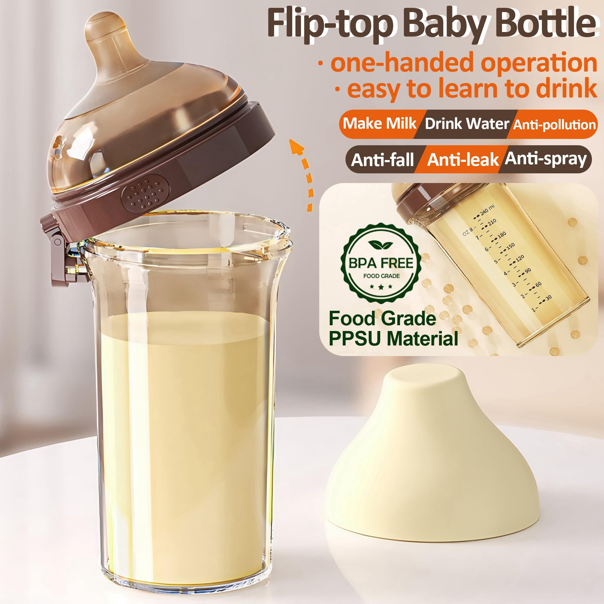 Joyfubabe Flip-top Baby Bottle for Newborns, Growth PPSU Bottle for Babies with Handle, Anti-Colic, BPA Free, Different Types of Nipple, Suitable for Different Months Ages Baby, 240ml (6-12 Month)