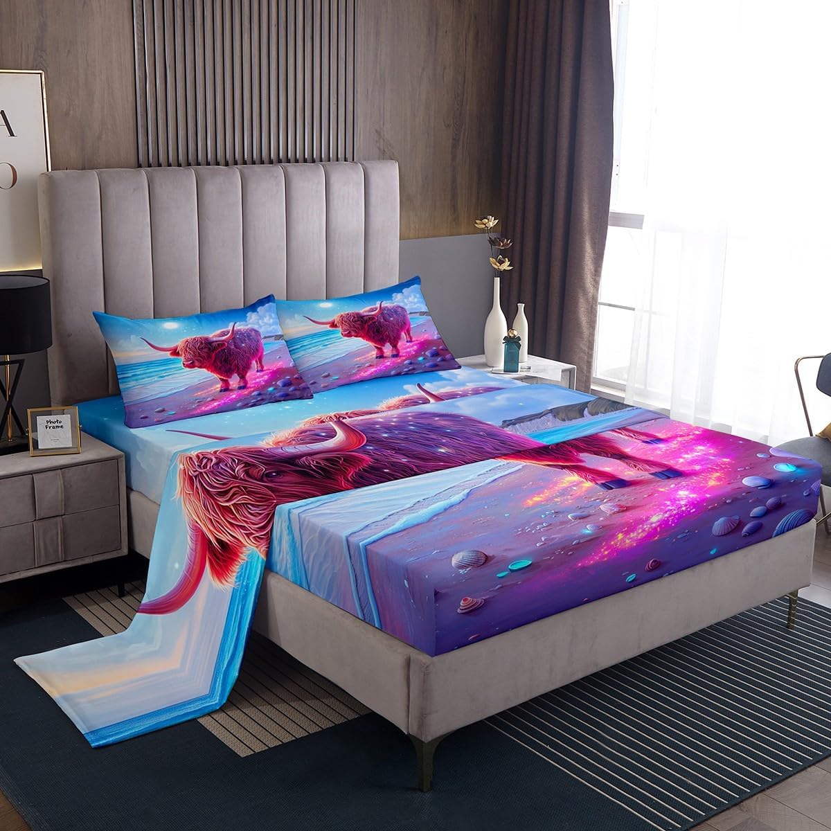 Manfei Highland Cattle Kids Sheet Queen Size,Purple Daisy Botanical Flowers Rustic Bedding Set,Boys Girls Room Decor,Wild Bull Cow Animal Beige Bed Sheet Set 4pcs(Fitted + Flat + 2 Pillowcases)