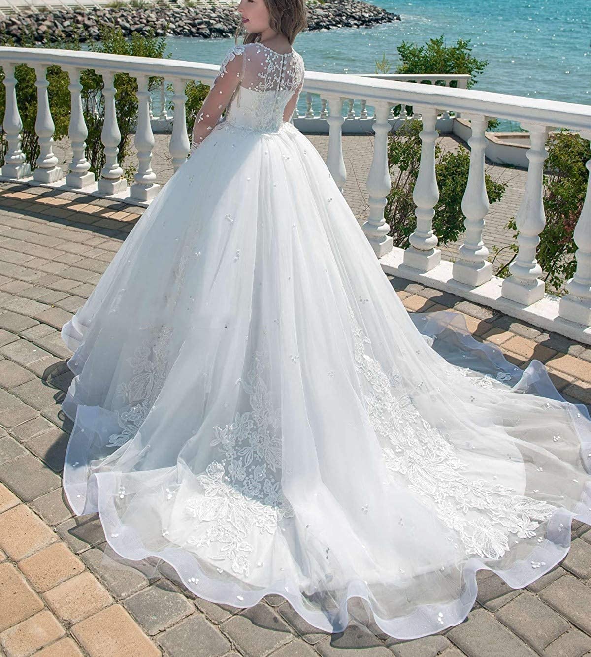 Vestidos de niña de Flores Blancos para Bodas Primera comunión Manga Larga Vestido Blanco de Princesa para niñas