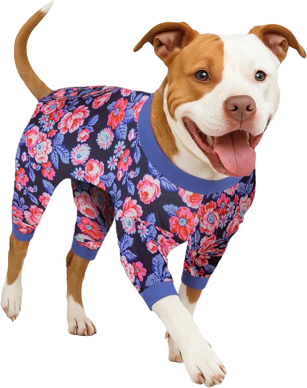 LovinPet Doggy Pjs for Large Dogs, Anti Licking PJ's,Wound Care, Post-Surgery Dogs Pajamas,Lightweight Skin-Friendly Fabric,Navy and Hot Pink Rose Garden Print,Large Dog Pjs for Camping, 3XL