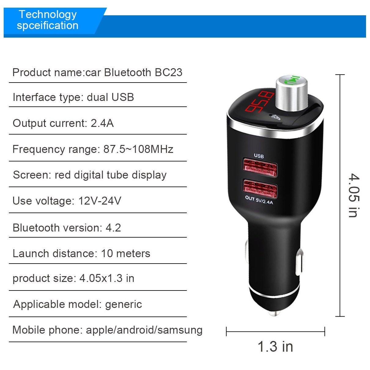 Universal Car MP3 Player Hands Free Bluetooth FM Transmitter Adapter for Car Stereo and Doul USB Charger