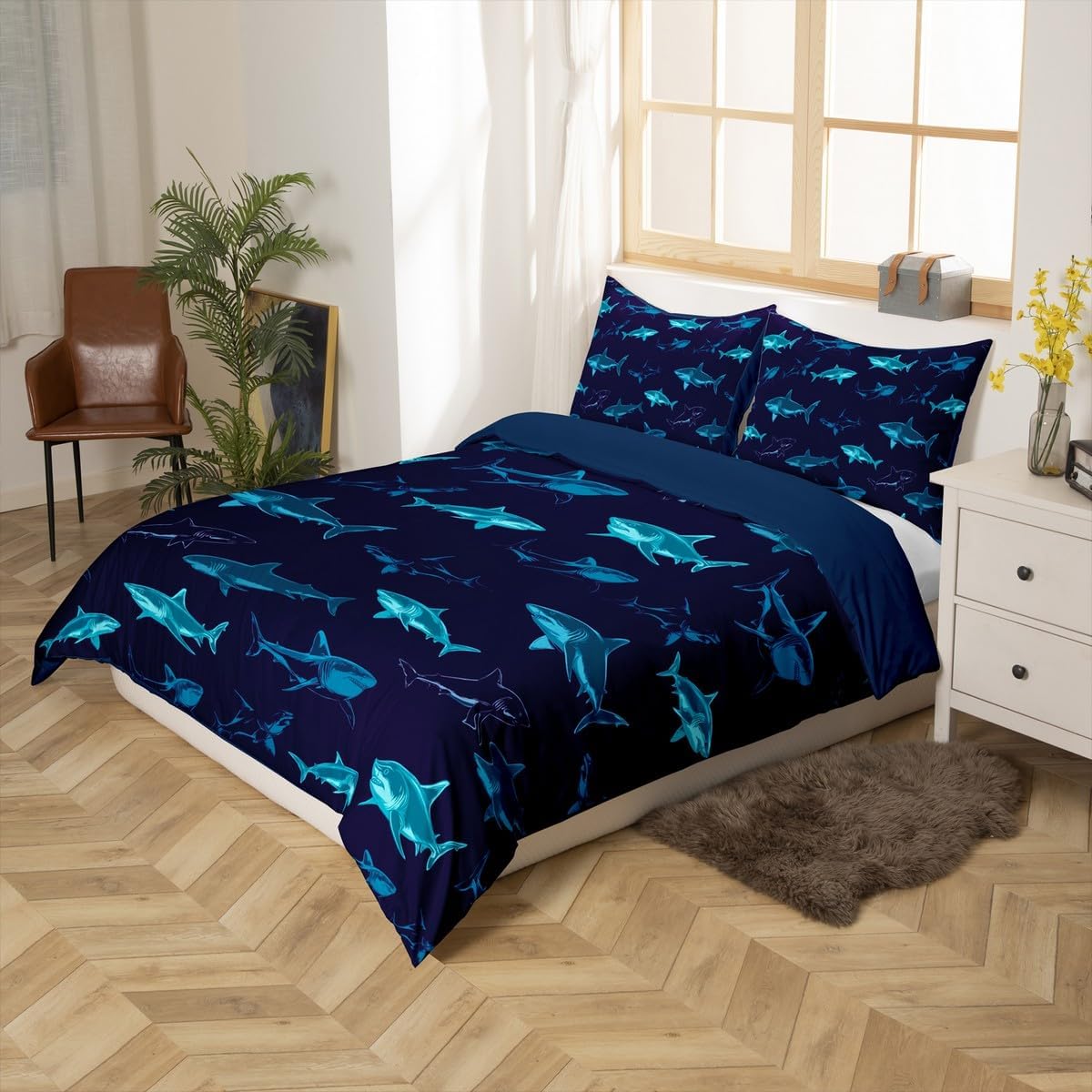 Sharks Bedding Set, Large Reef Shark Duvet Cover, Deep Ocean Animal Quilt Cover for Kids Boys Girls, Rodents Wild Marine Life Hawaiian Comforter Cover Child Room Décor 3Pcs Queen Size Navy Blue - Image 6