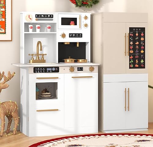 Miniatura 11 de INFANS Juego de Cocina de Juguete para Niños, Juego de Cocina de 2 Piezas con Refrigerador, Horno, Microondas, Máquina de Hielo, Fregadero