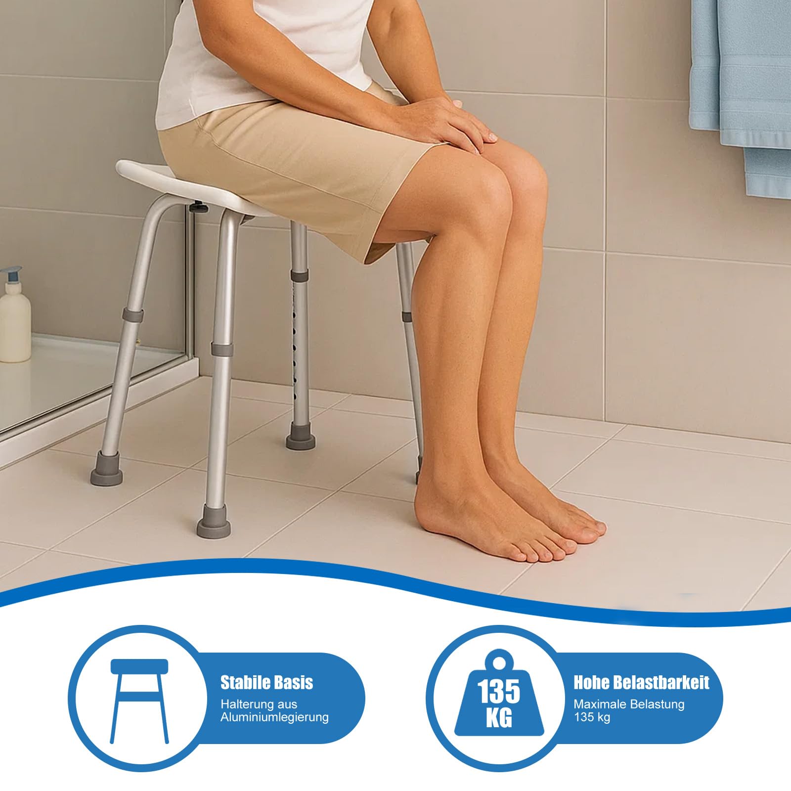 Duschhocker Höhenverstellbar Duschstuhl mit Hygieneausschnitt Griffen Badhocker 37–51 cm Rutschfester Duschsitz Leicht & Sicher für Senioren, Schwangere & Menschen mit Handicap