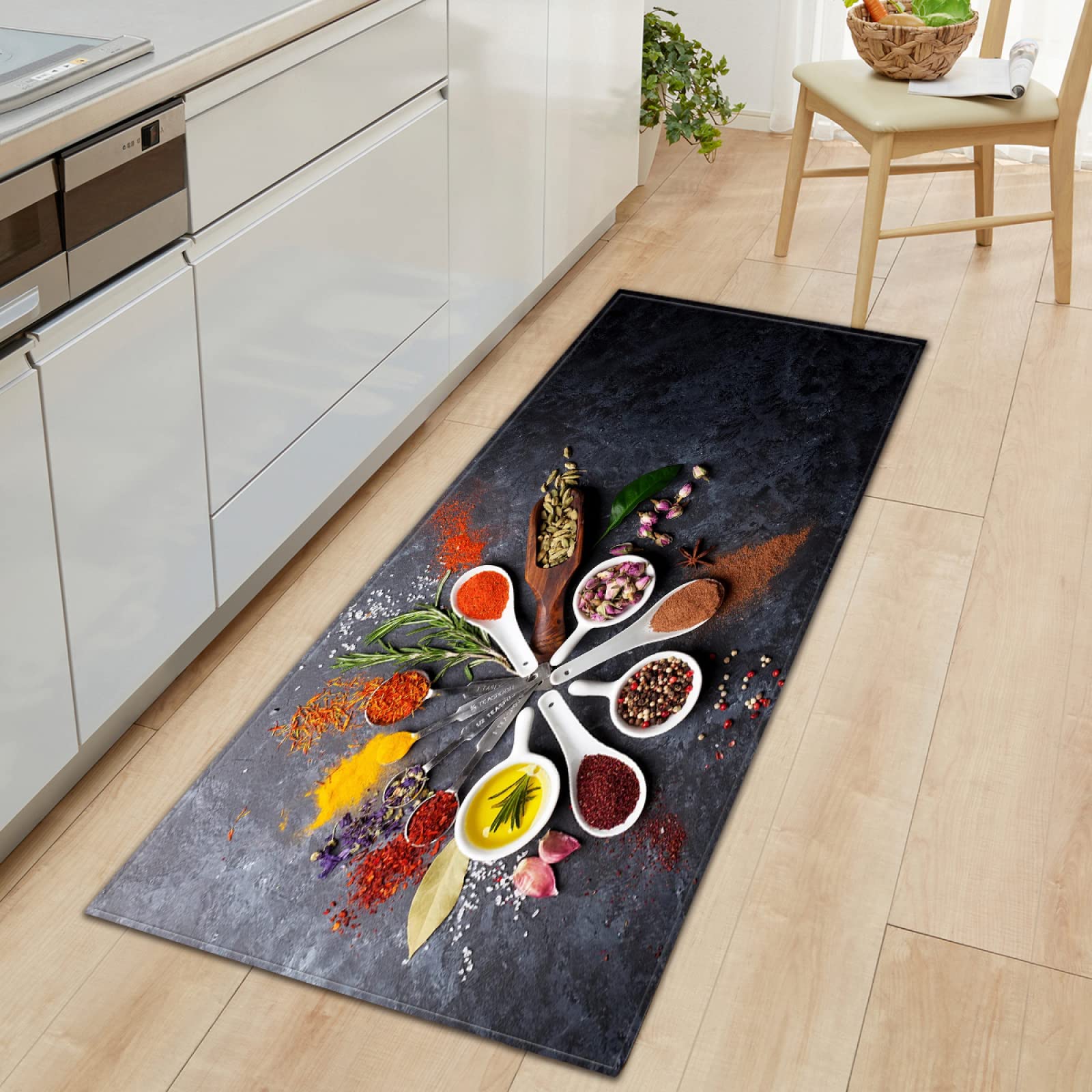 Küchenteppiche Gewürze & Löffel Rutschfestes Küchenmatten, Saugfähig Küchenläufer, Komfort Läufer Teppich Set für Küche, Staubdicht Fußmatte 60 x 180cm