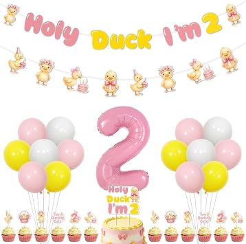Duck Theme 2nd Birthday Party Supplies Holy Duck Im 2 Birthday Decorations for Girls Pink Yellow with Banner, Garland, Cake Topper, Cupcake Toppers and Balloons for Home Party Decor