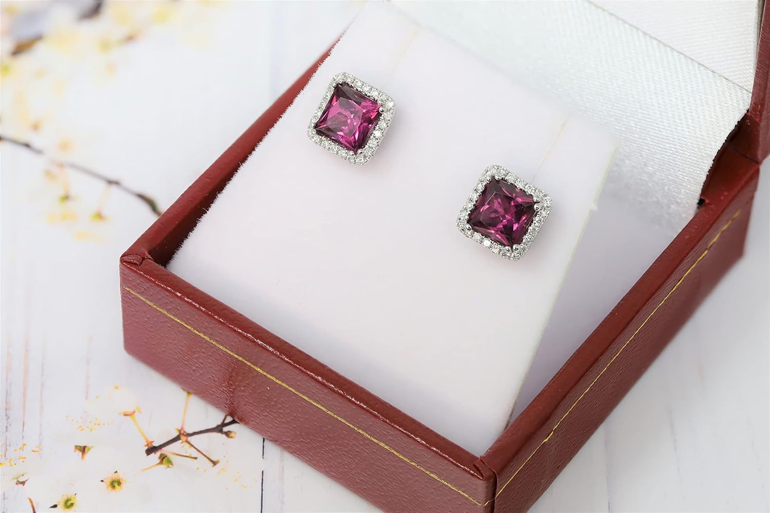 14K White Gold 5.5mm Genuine Rhodolite Square Stud Earrings with Diamonds - Image 4