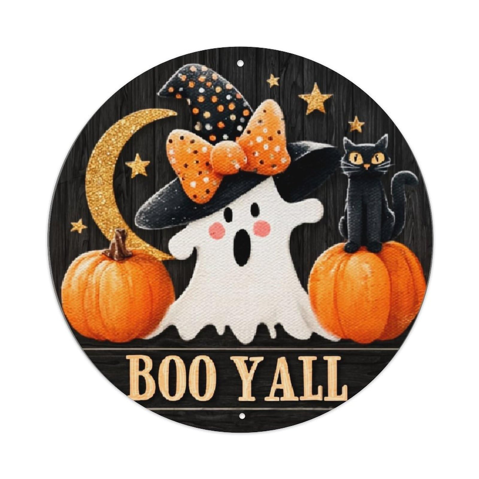Ghost Witch Cat Pumpkin Moon Retro Metal Sign Round Tin Sign, Vintage Decor Art Poster for Bar, Home, Man Cave, Kitchen, Laundry Room Gift 8x8Inch
