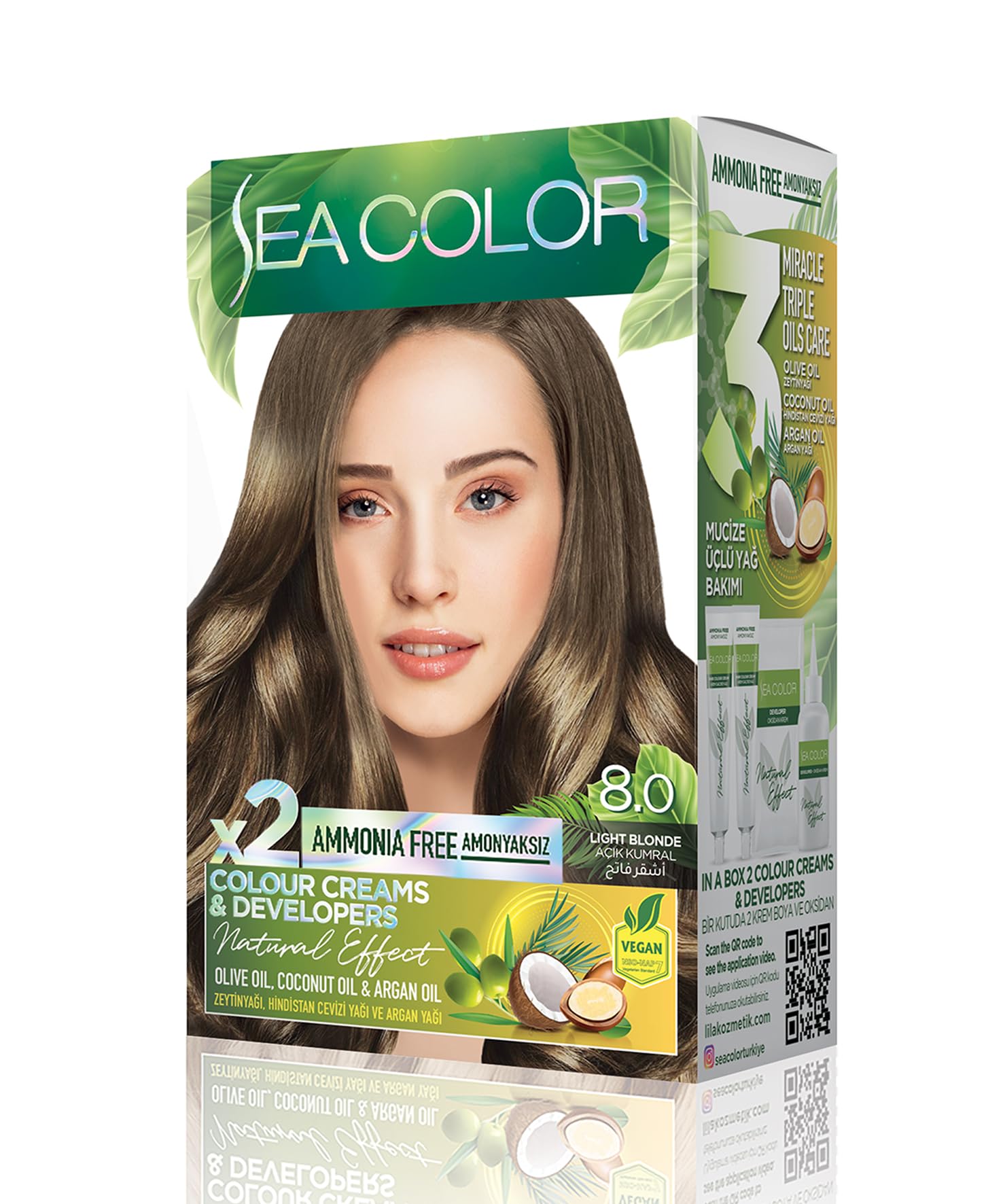 SEA COLOR Amonyaksız, Vegan, Doğal, Besleyici Kalıcı Saç Boyası%100 Beyaz Kapama (1 PAKET 2 x 50 ml Boya & OKSİDAN) (Açık Kumral 8.0)