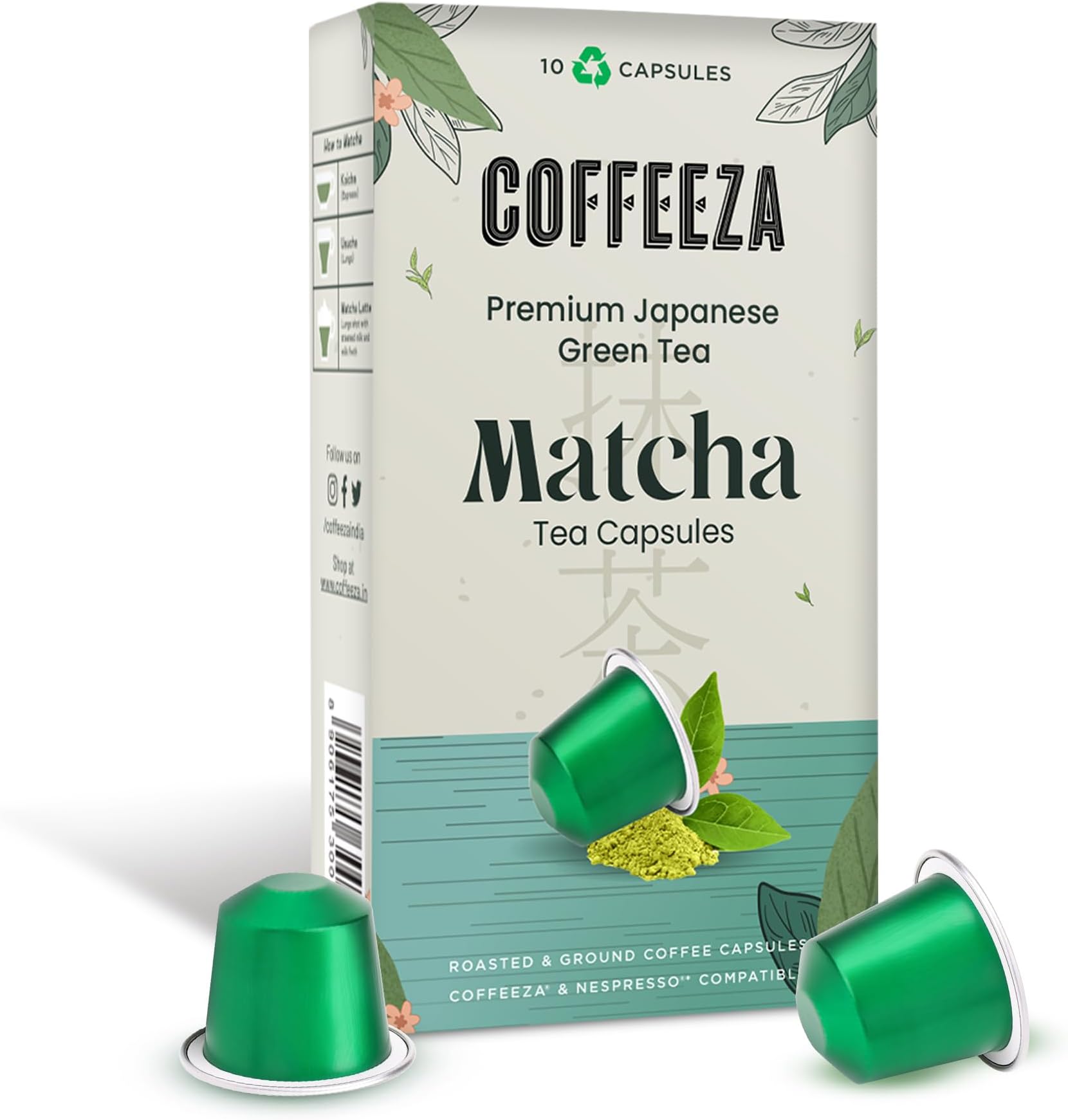 - Coffeeza Matcha Green Tea Capsules | 100% Pure Japanese Matcha in Aluminium pods | Compatible with Coffee Machines| (Box of 10 Capsules)