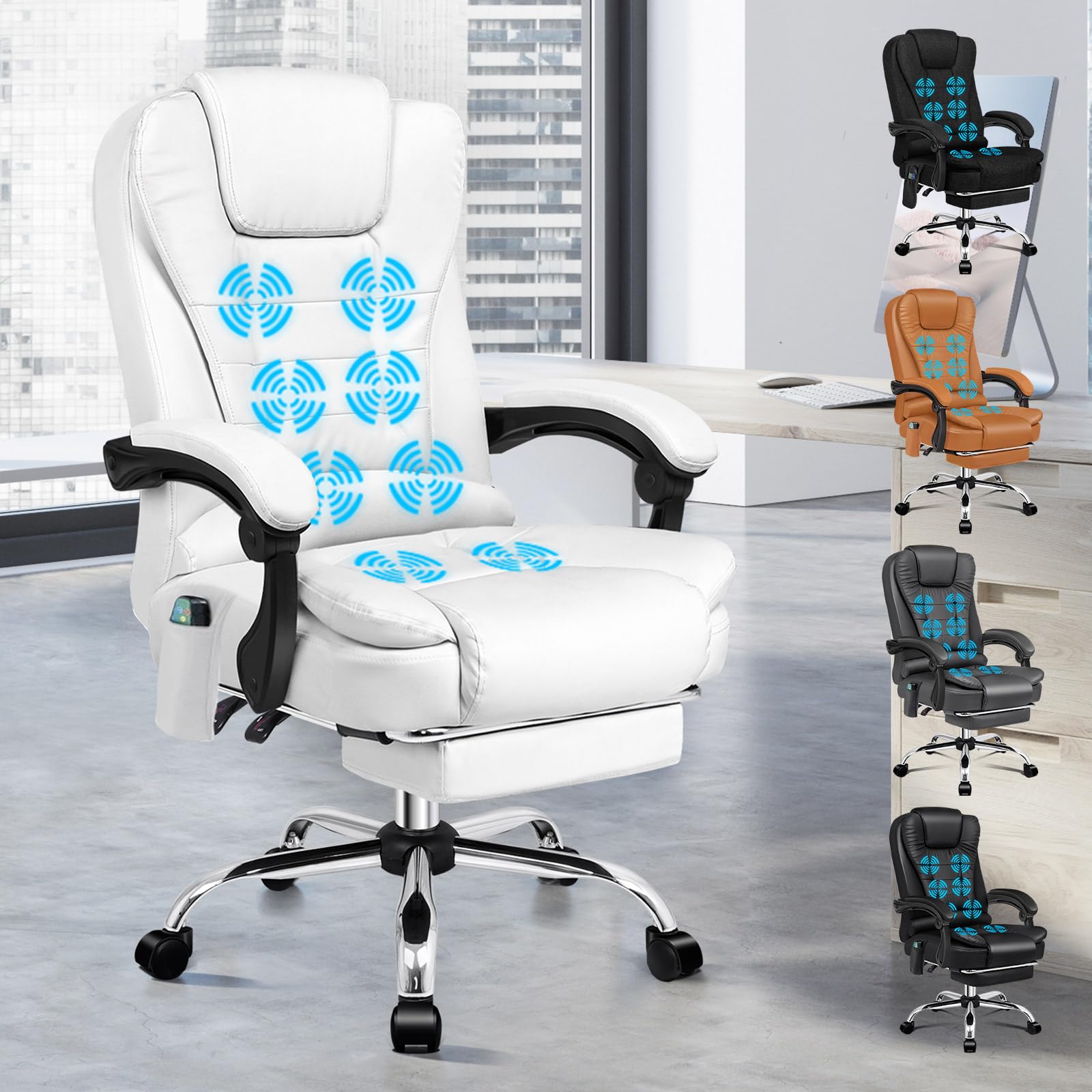ALFORDSON Chefsessel Ergonomisch Bürostuhl Wärmemassagefunktion, Schreibtischstuhl Einziehbare Fußstütze, Besprechungsstuhl höhenverstellbarer, Drehstuhl Neigungswinkel 90°-150°,PU-Leder Weiß