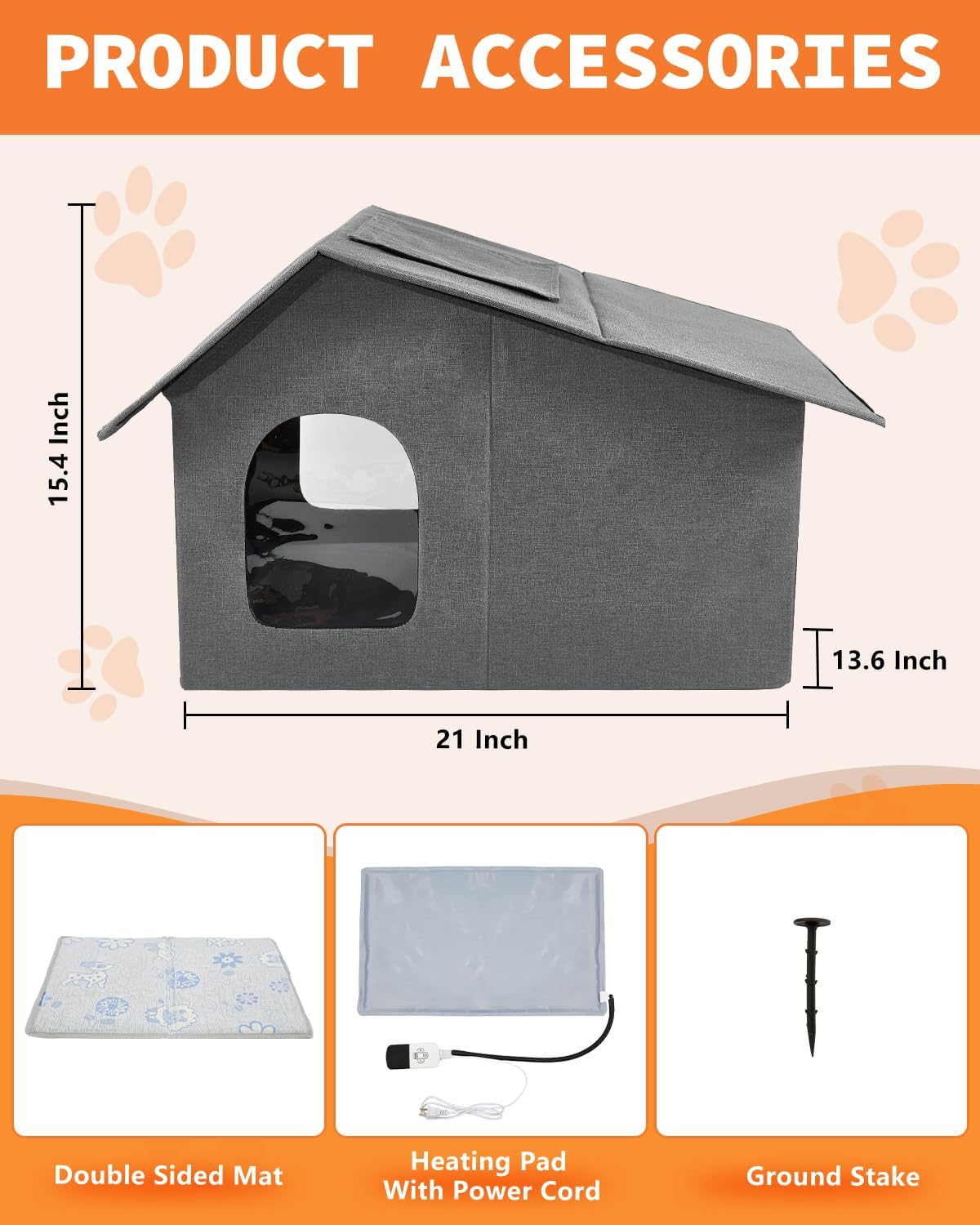 Heated Cat House for Outdoor in Winter, Insulated Heated Outdoor Kitty House with Heating Pad, Outside Winter Warm Shelter for Kittens Stray Cats Rabbits Squirrels (Grey, 21"×13.6"×15.4")