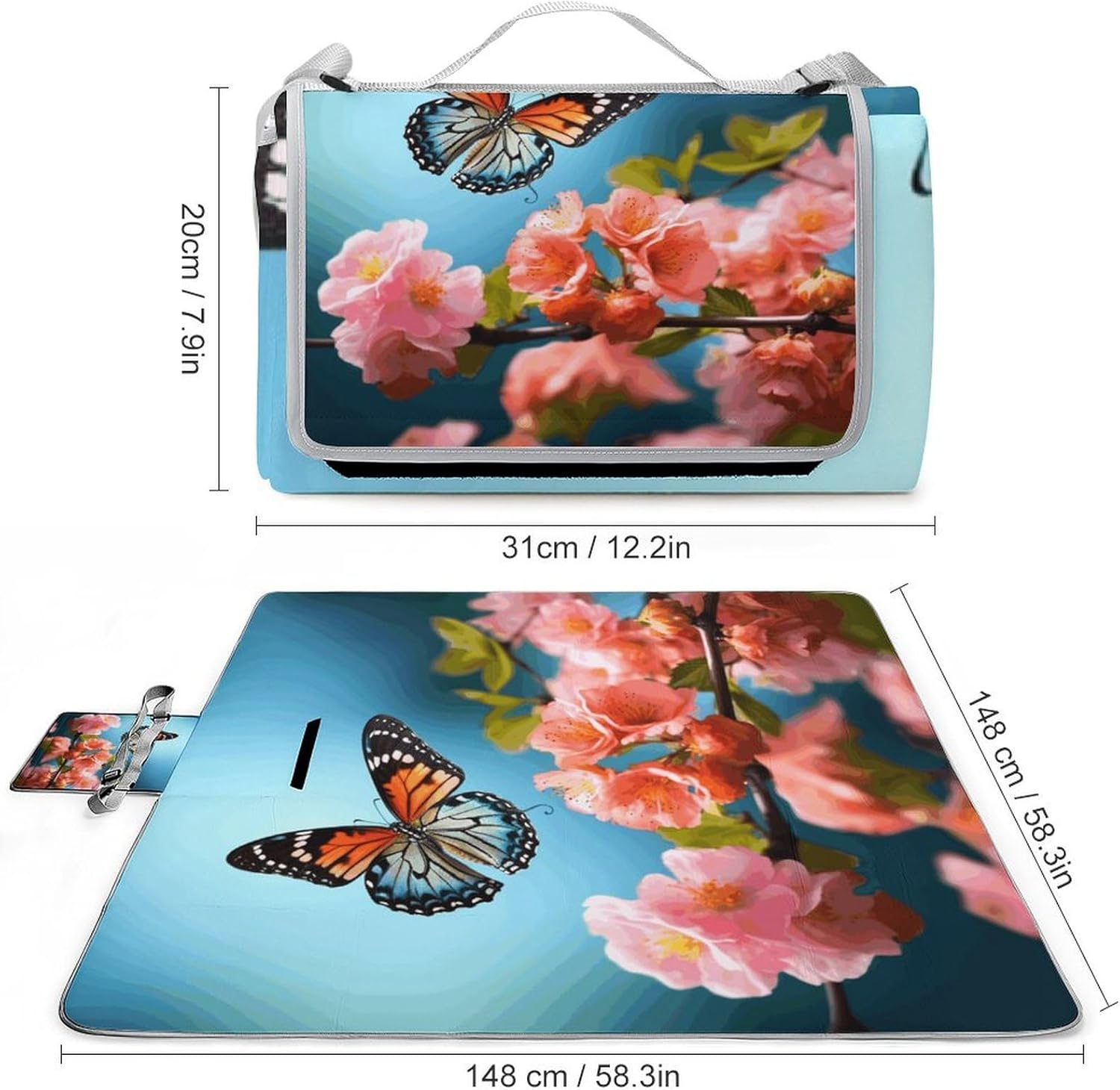 Outdoor Picnic Blanket Extra Large Beach Blanket Waterproof Picnic Mat Butterfly with Flowers Camping Blanket Portable with Carry Strap Park Blanket for Grass Camping Park