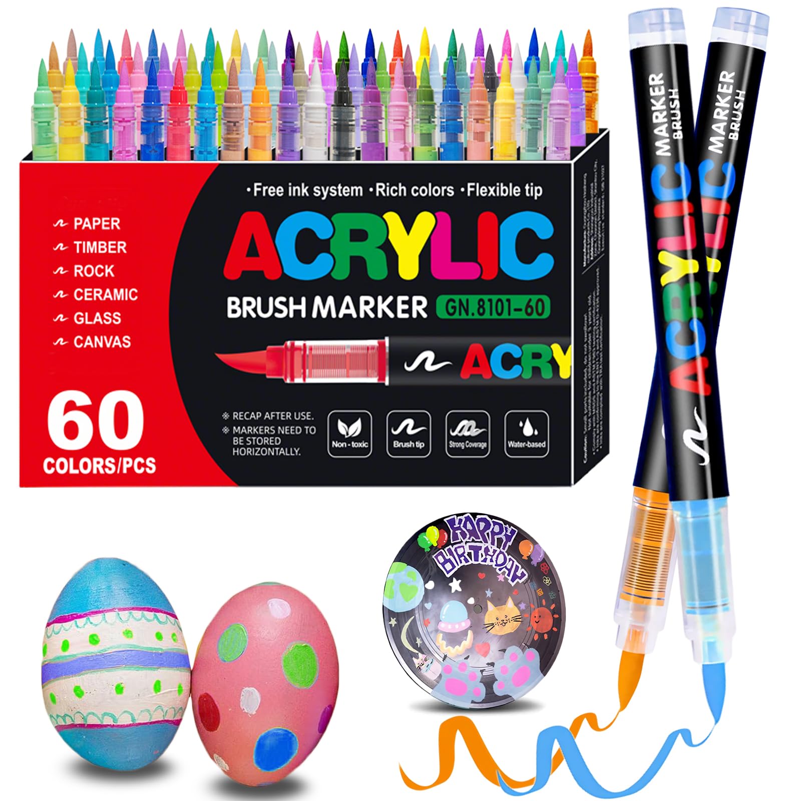 60 Colors acrylic paint Pens - Soft Brush Tip Acrylic Markers, Quick-Drying Waterproof Acrylic paint Markers for Canvas, Wood, Metal, Ceramic, Stone, Egg, Rock Painting and DIY Art Crafting