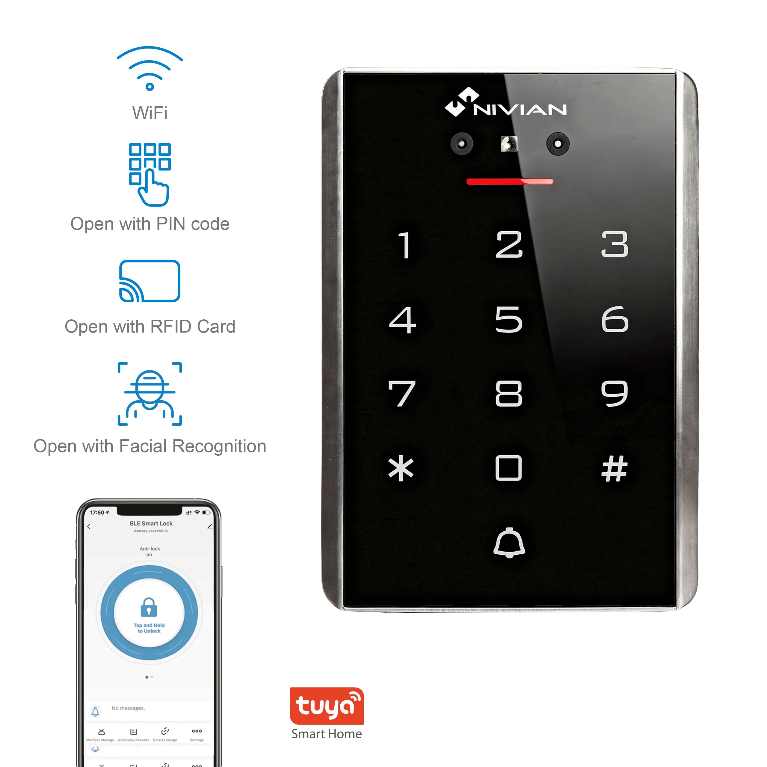 Contrôle d'accès Intelligent avec Reconnaissance faciale, Clavier PIN, Carte RFID et Application WiFi - 2000 utilisateurs, IP68 extérieur, Gestion à Distance Tuya Smart, Codes temporaires NIVIAN