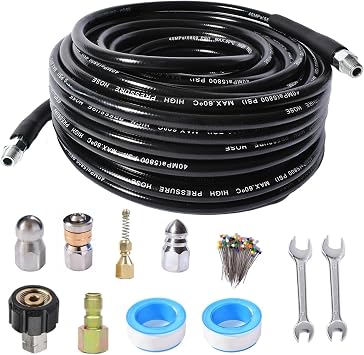 Sewer Jetter Kit for Pressure Washer Hose 4000 PSI Drain Cleaner Hose 1/4 Female NPT,Button Nose,fixed nozzle,Pressure Washer Adapter, Sewer Jetting Nozzle Pearl Corsage Pin Waterproof Tape 2 Spanner