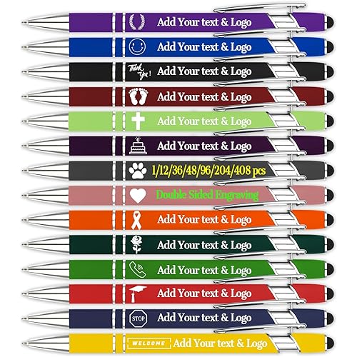 Up to 1200 pcs Bulk Custom Pens Personalized Pen with Name or Logo - Blue or Black Ink - Engraved Metallic Customized Pens with Stylus Tip Pen Gift Ideal for Business Promotions (Style 1)