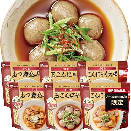 【賞味期限2024年12月13日】 アイリスオーヤマ レトルト ピリ辛おつまみセット 常温保存 3種6食 詰め合わせ レンジアップ もつ煮 玉こん こんにゃく大根