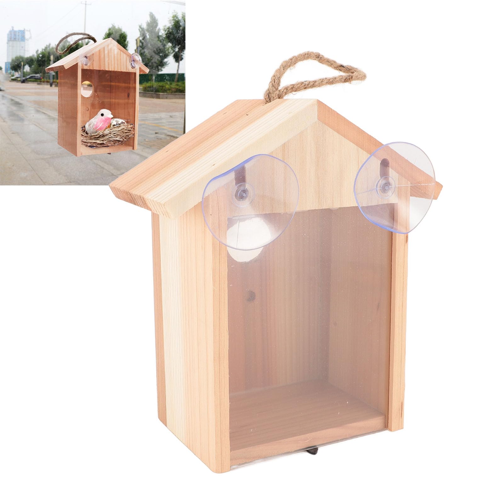 Casetta per uccelli in legno di cedro per esterni con design trasparente, casetta per uccelli, casetta per uccelli da appendere, per terrazze da giardino, ventosa per finestre