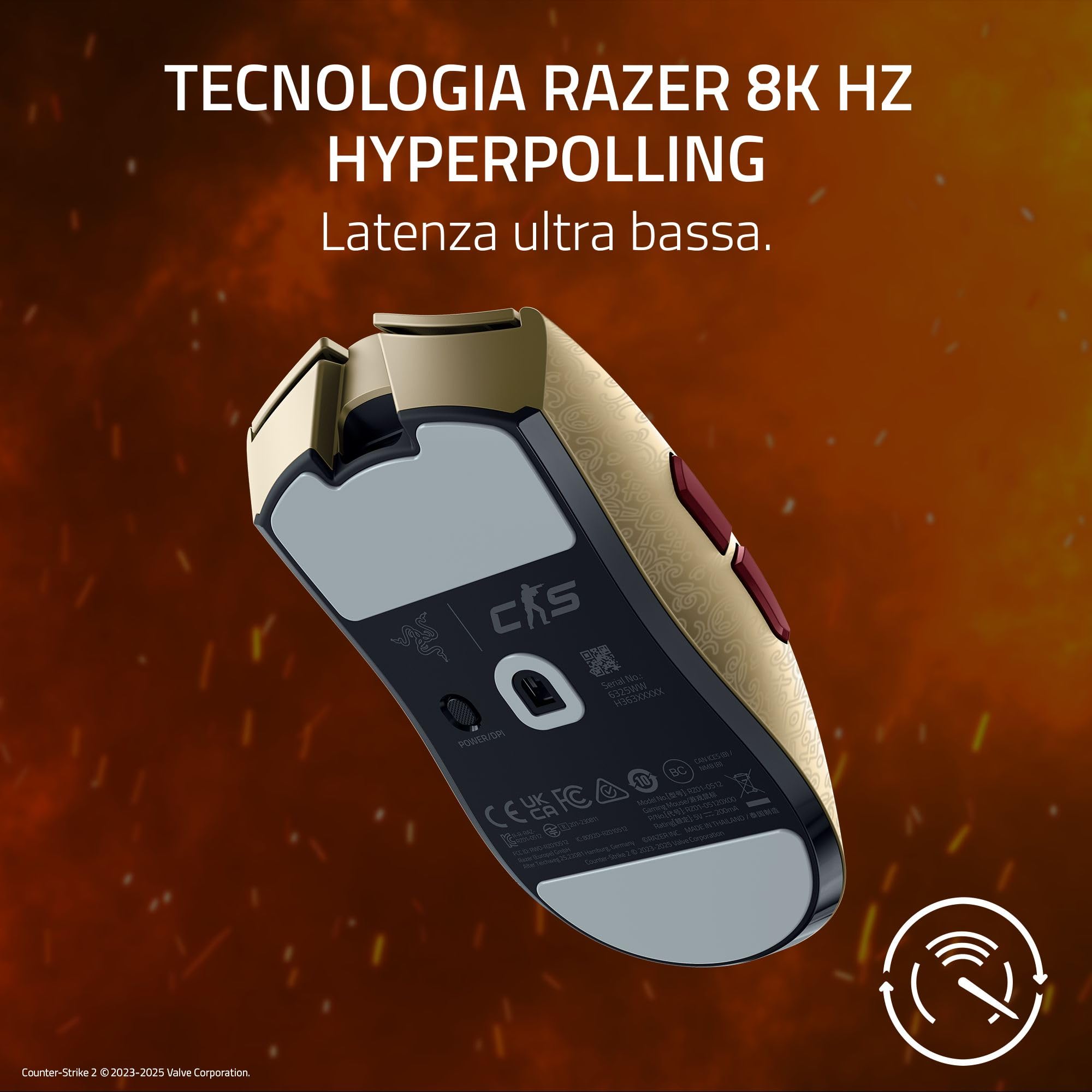 Razer Viper V3 Pro Counter-Strike 2 Dragon Lore - Mouse da gioco wireless ultraleggero per eSport - 55g - 8K HyperPolling - Sensore Pro 35K DPI - 2,4GHz HyperSpeed - 95 ore - PC/Mac | Dragon Lore