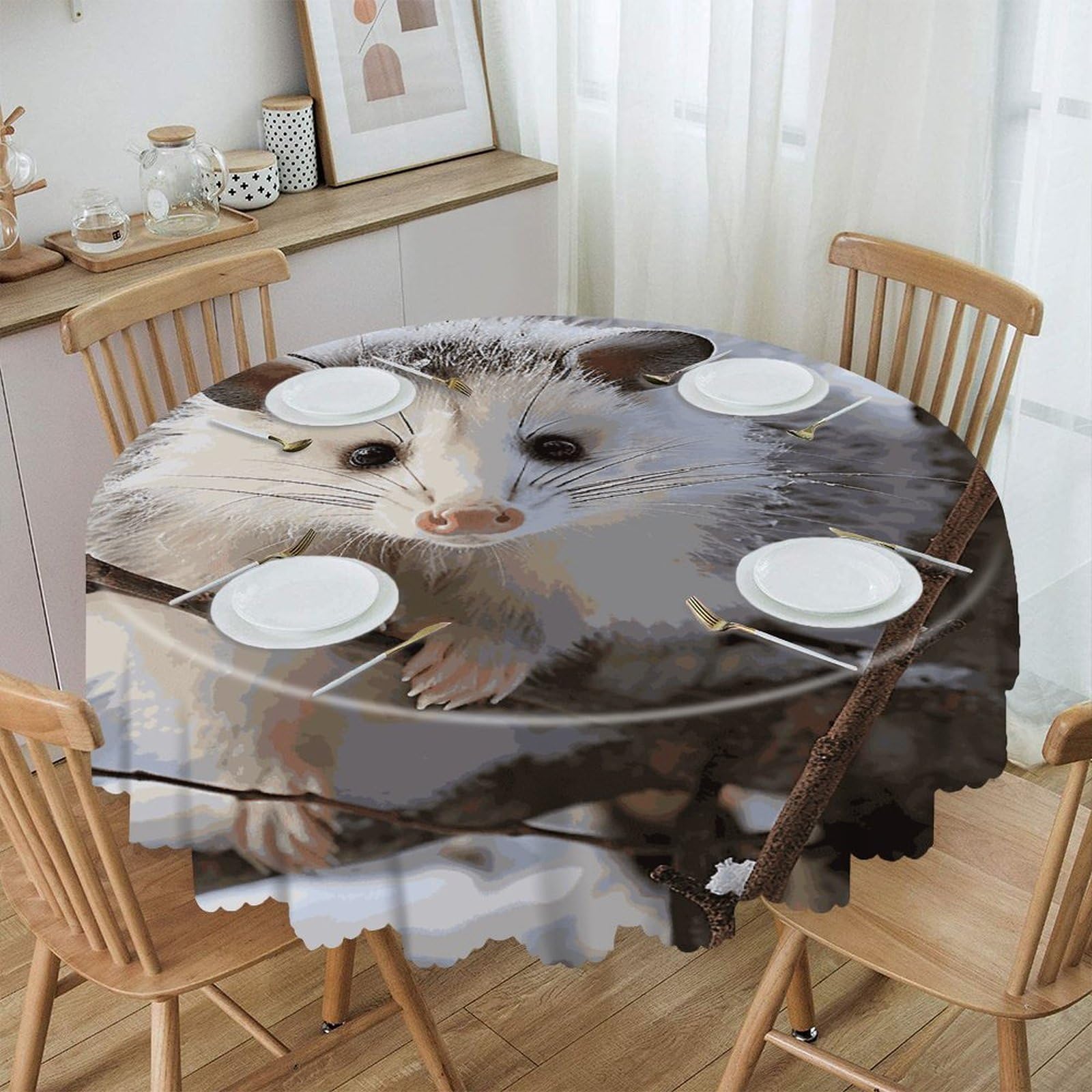 FekiLoot Opossum in Snow Round Tablecloth Waterproof Spill-Proof Wipeable Table Cloth Wrinkle Free Circle Dining Table Cover for Dining Kitchen Wedding Parties Machine Washable