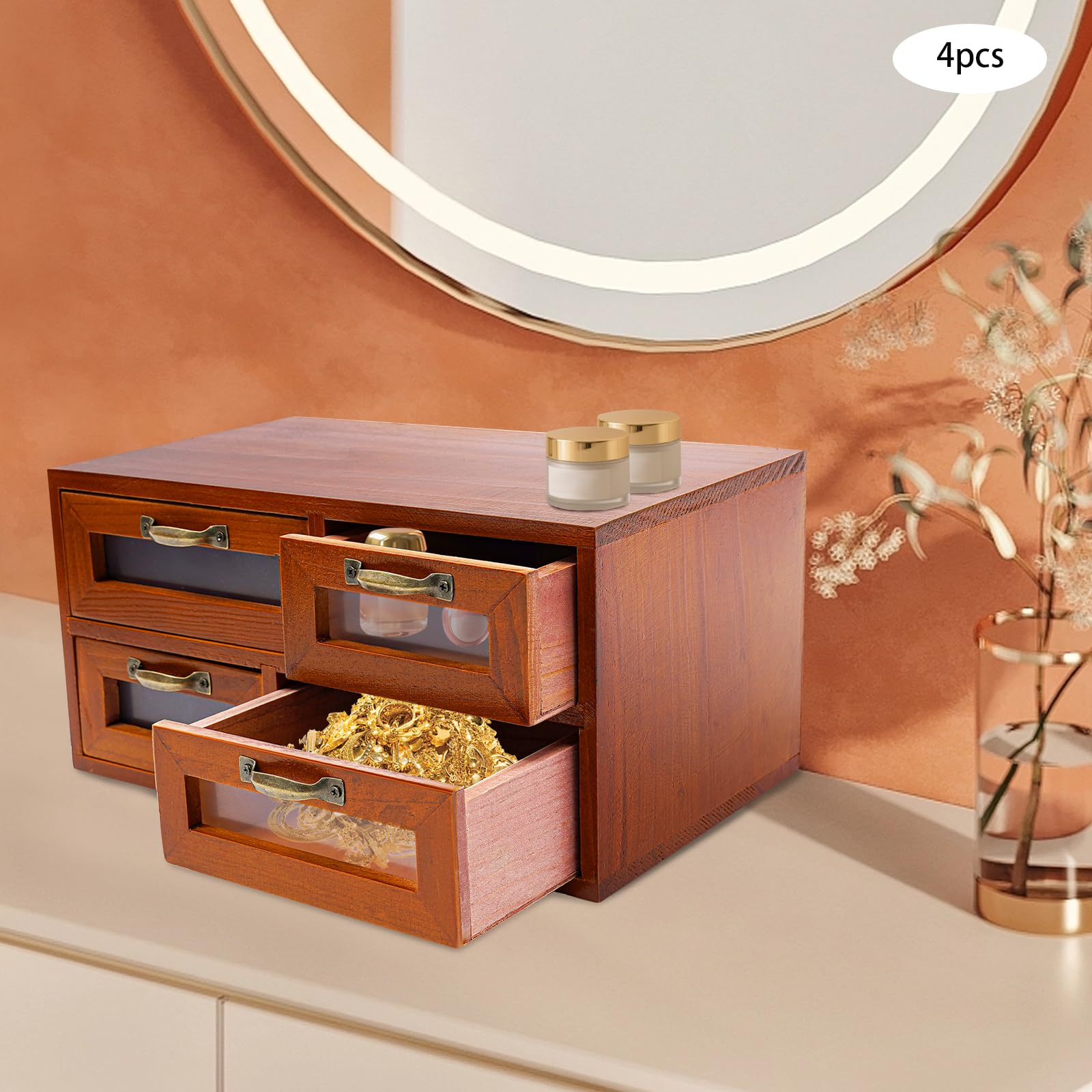 Organizer vintage in legno con 16 cassetti, 4 pezzi, piccole scatole per cassetti, 60 x 18,5 x 30,4 cm, per scrivania, ogni cassetto piccolo: 10 x 5,4 cm