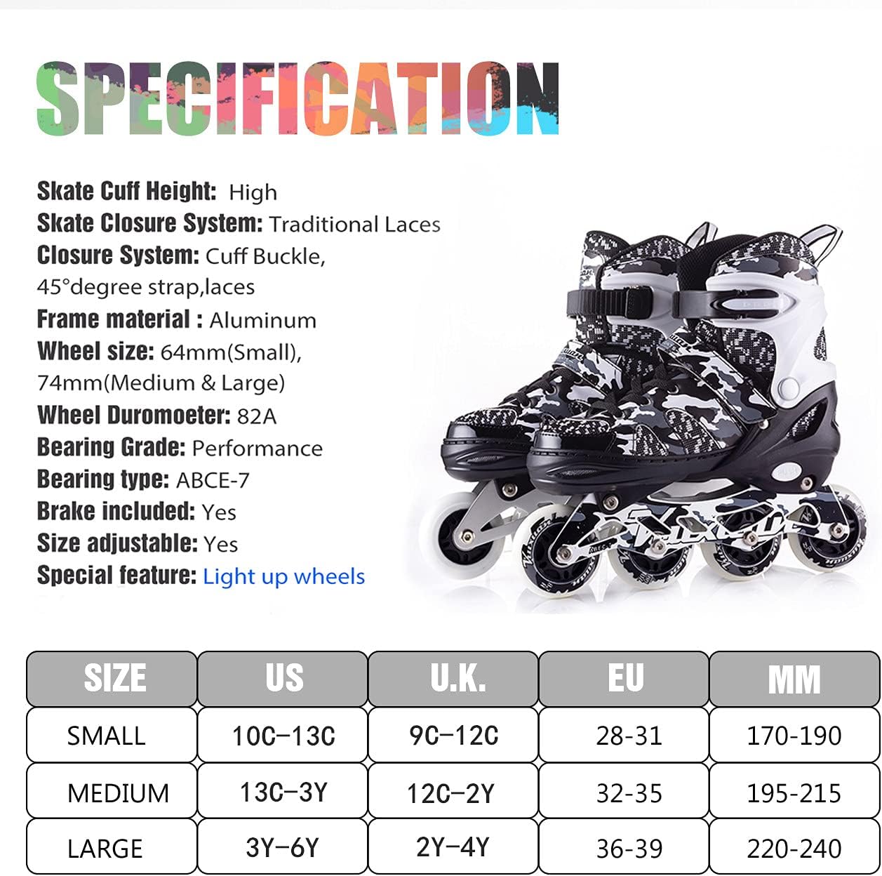Kuxuan Skates Adjustable Inline Skates for Kids and Youth with Full Light Up Wheels Camo Outdoor Roller Blades Skates for Girls and Boys Beginner : Sports & Outdoors