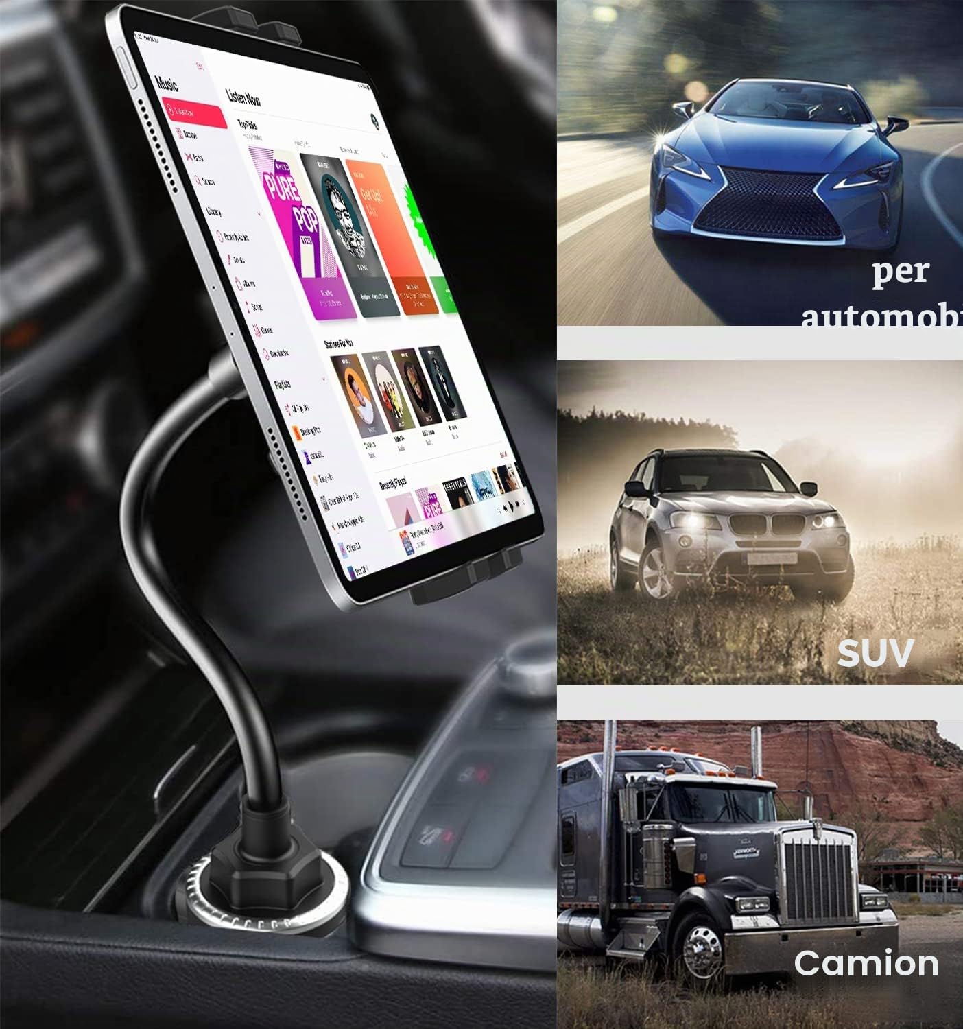 Supporto Tablet Auto Portabicchieri, Oilacn Porta iPad Auto Portabicchiere Collo Oca con Braccio Lungo Flessibile per iPad Pro Air Mini, iPhone, Galaxy, Lenovo, Fire ecc (4-12,9 pollici)
