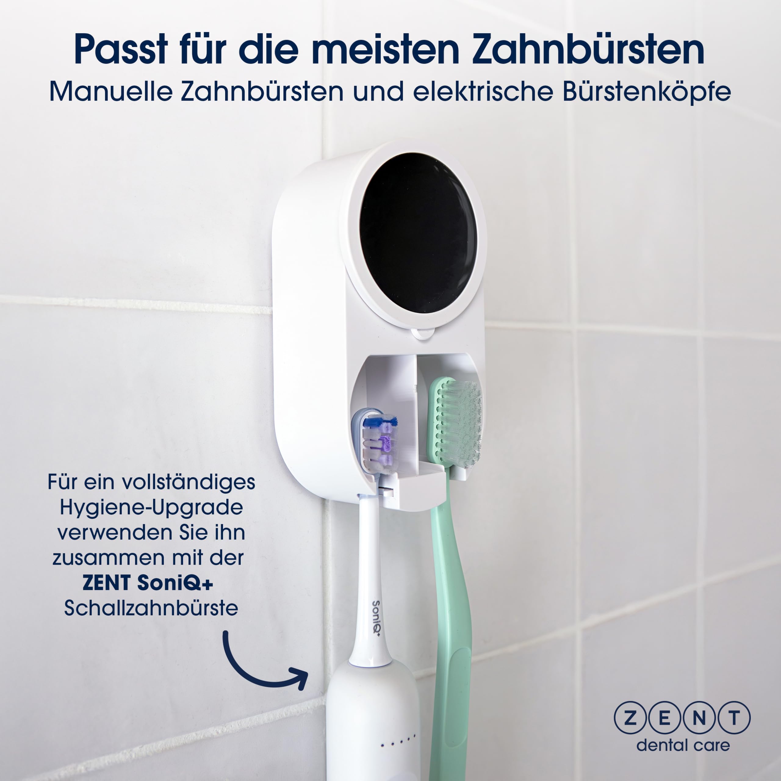 ZENT Zahnbürsten Sterilisator - Doppelte Desinfektion UV-C und UV-A | Zahnbürstenhalter mit Desinfektion - Wandmontage ohne Bohren - Robuste Batterie bis zu 50 Tage