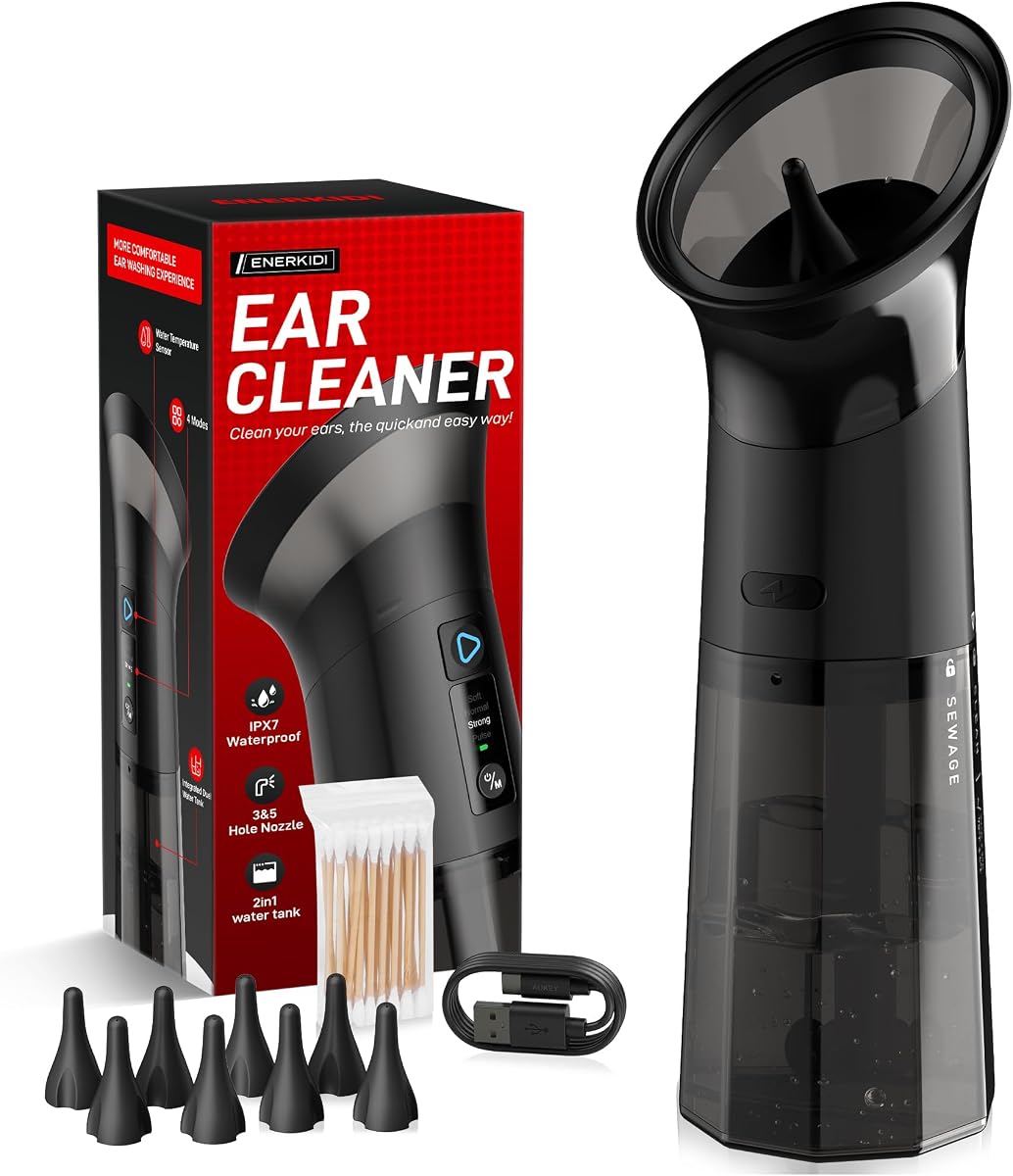 Upgraded Electric Ear Wax Removal Kit - Water Temperature Sensor & One-Piece Waste Tank - Ear Wax Cleaner with 4 Modes IPX7 Ear Irrigation Flushing System with 10 Tips