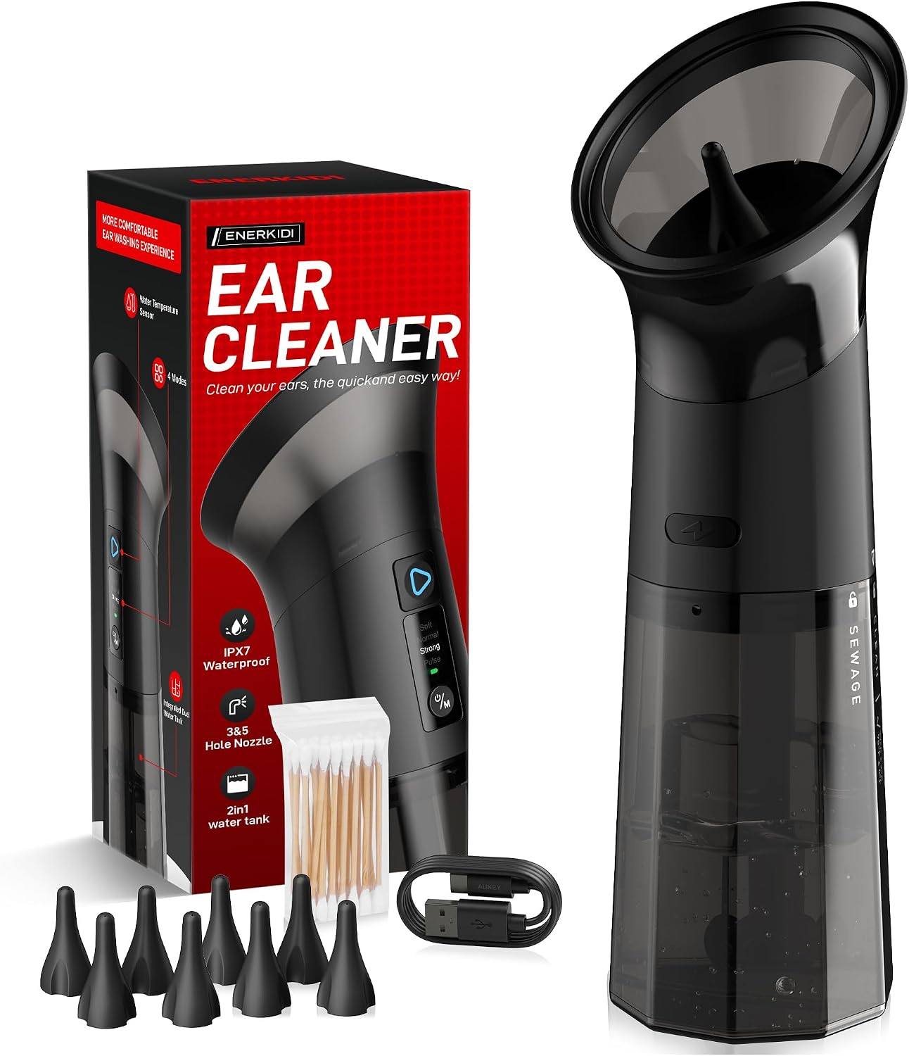 Upgraded Electric Ear Wax Removal Kit - Water Temperature Sensor & One-Piece Waste Tank - Ear Wax Cleaner with 4 Modes IPX7 Ear Irrigation Flushing System with 10 Tips