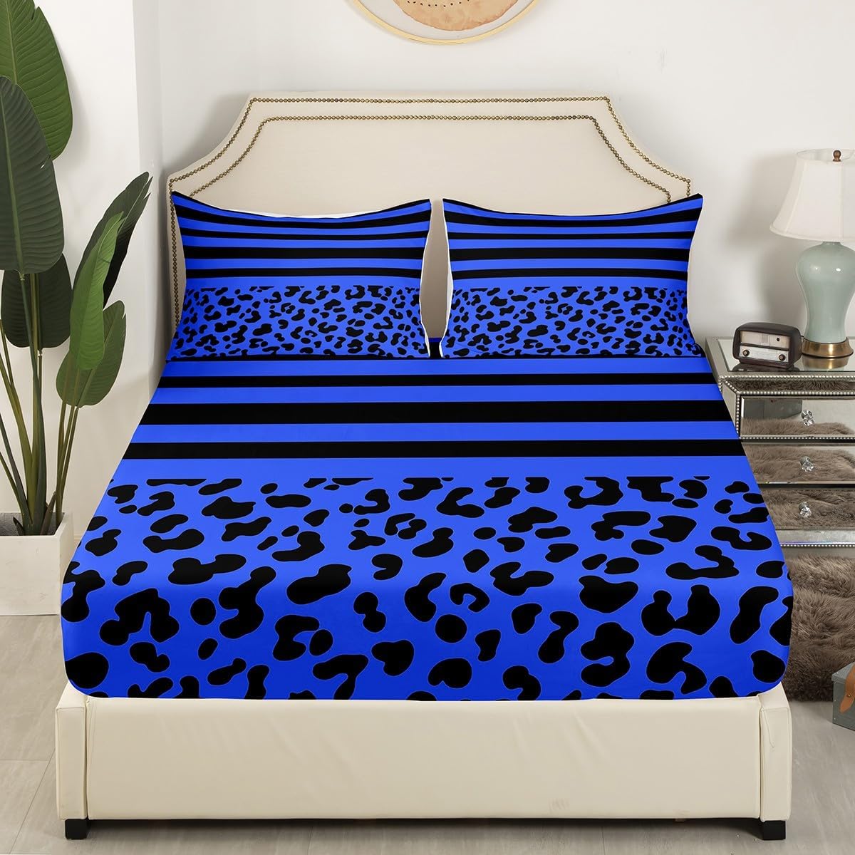 Leopard Print Fitted Sheet Twin Size,Wildlife Cheetah Animal Skin Pattern Mattress Protector with 1 Pillowcase,Blue Black Stripes Geometric Elastic Deep Pocket Kids Bed Cover (No Top Sheet)