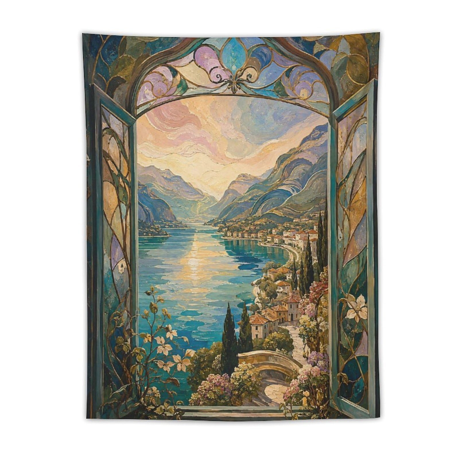 W7C8U2X3 Stained Glass Lake Window Wall Tapestry, Mosaic, Mountain Water