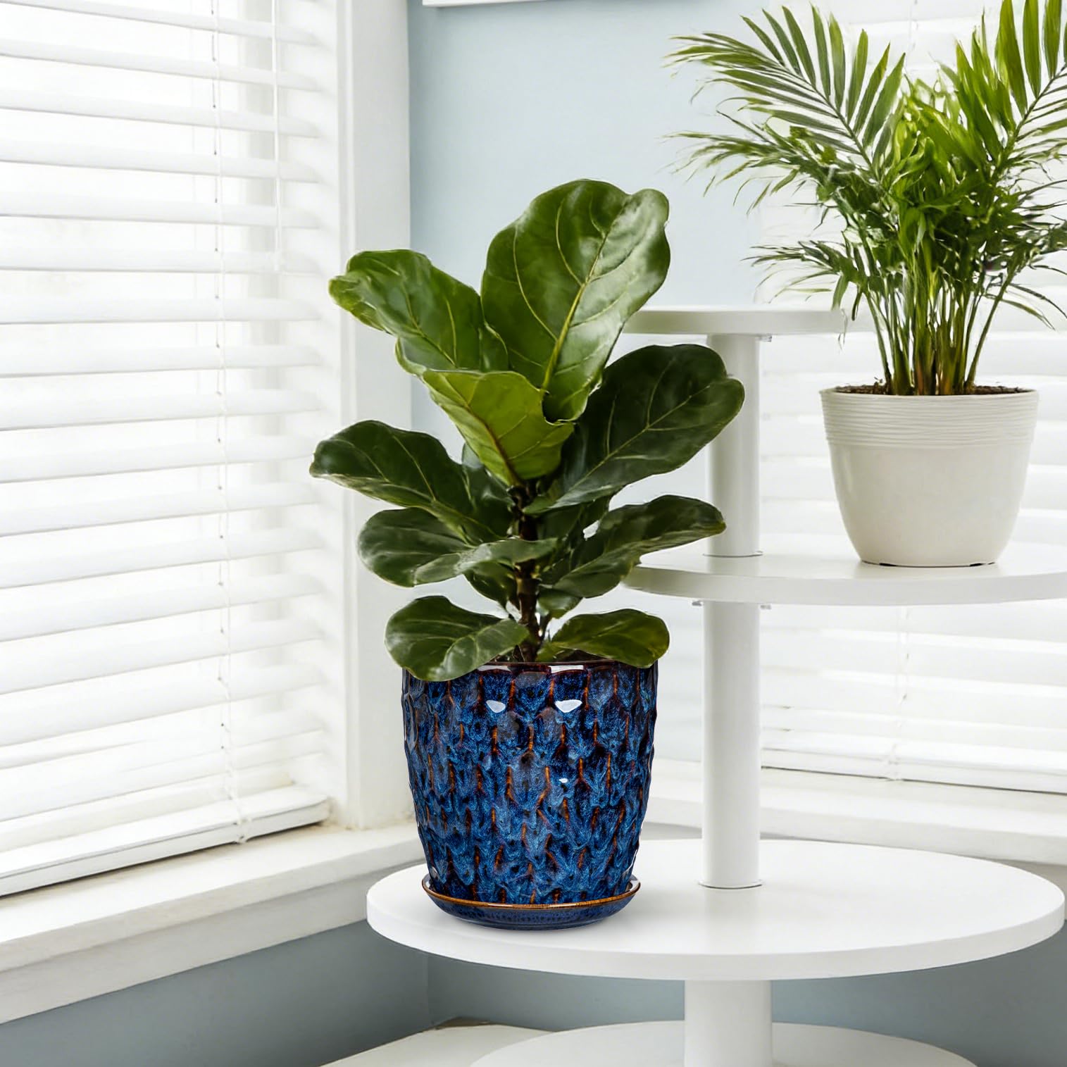 15+19 cm Blumentopf Blau Übertopf mit Untersetzer Abflussloch Pflanzgefäß | Arborus 2er Set Keramiktopf Zimmerpflanze Topf Selbstbewässernder Modern Matt Blumentöpfe für Gemüse Blumen Pflanzen Deko