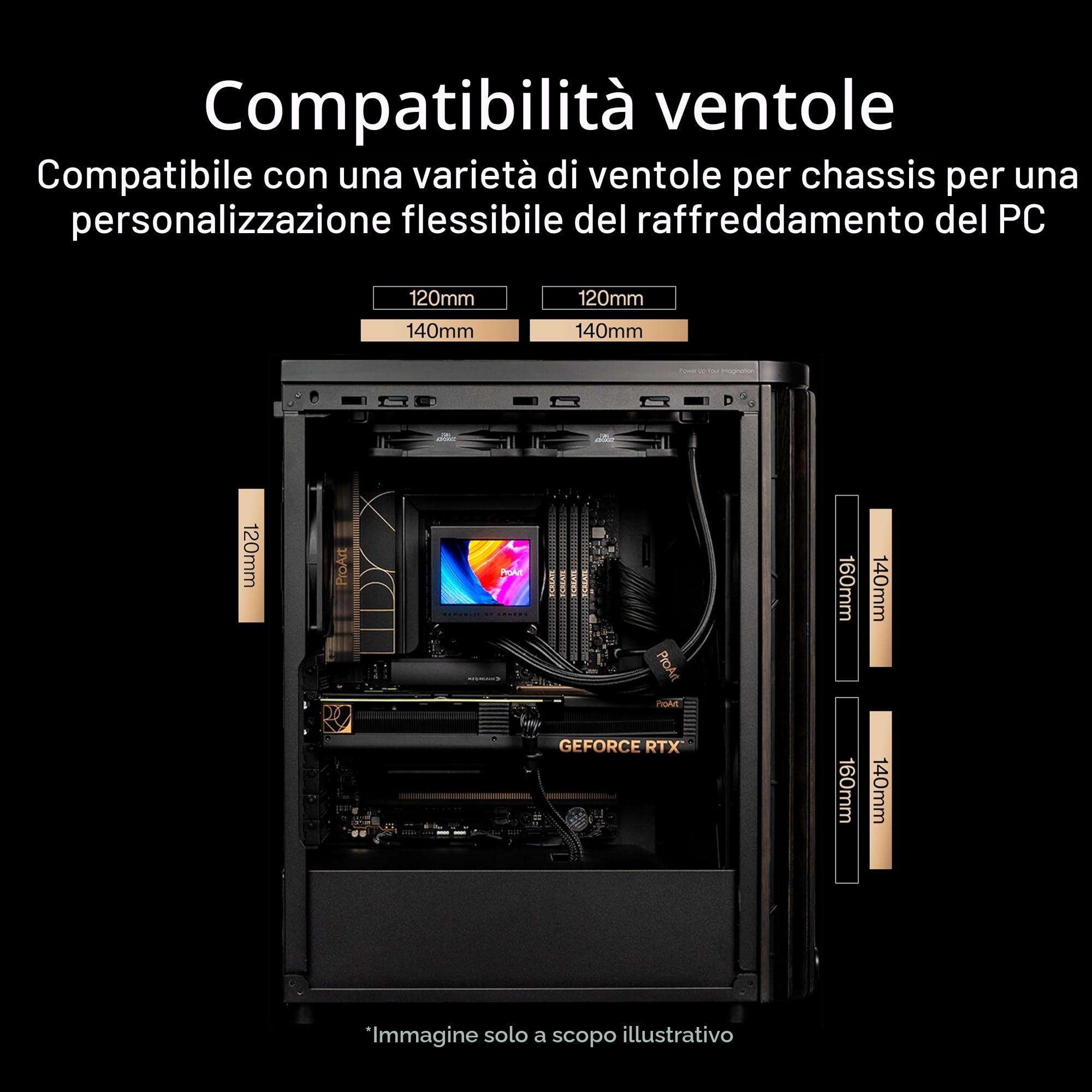 ASUS ProArt PA401 WOOD TG, Case Gaming ATX in Vetro Temperato e Pannello Frontale in Legno, Ventola Posteriore da 120 mm e 2 Ventole Frontali con PWM da 160 mm, Hub per Ventole Integrato, Nero
