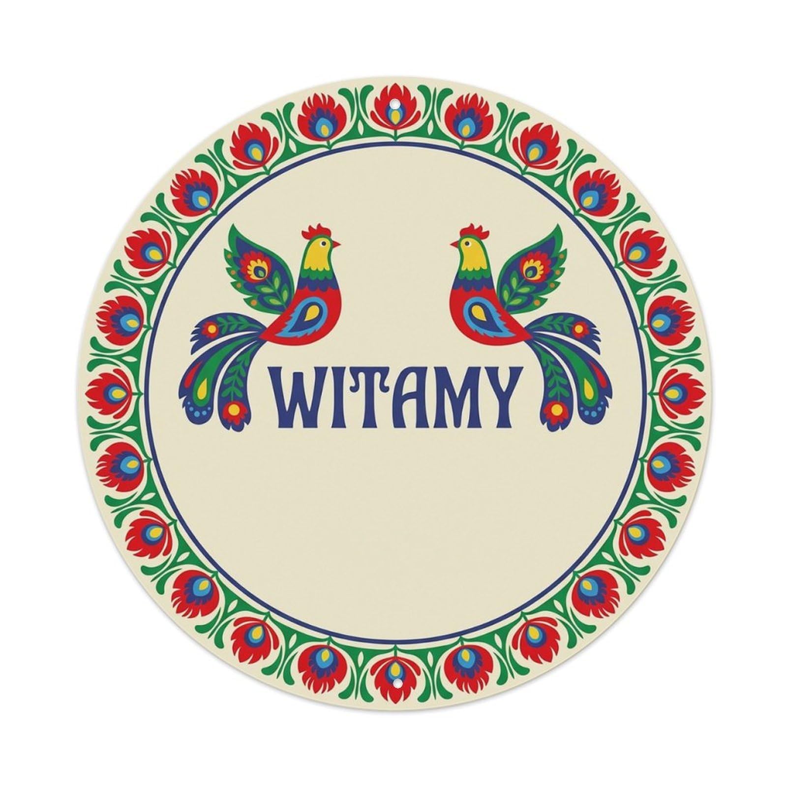 Vintage Polish Folk Art Witamy Welcome Bird Motif Metal Tin Sign