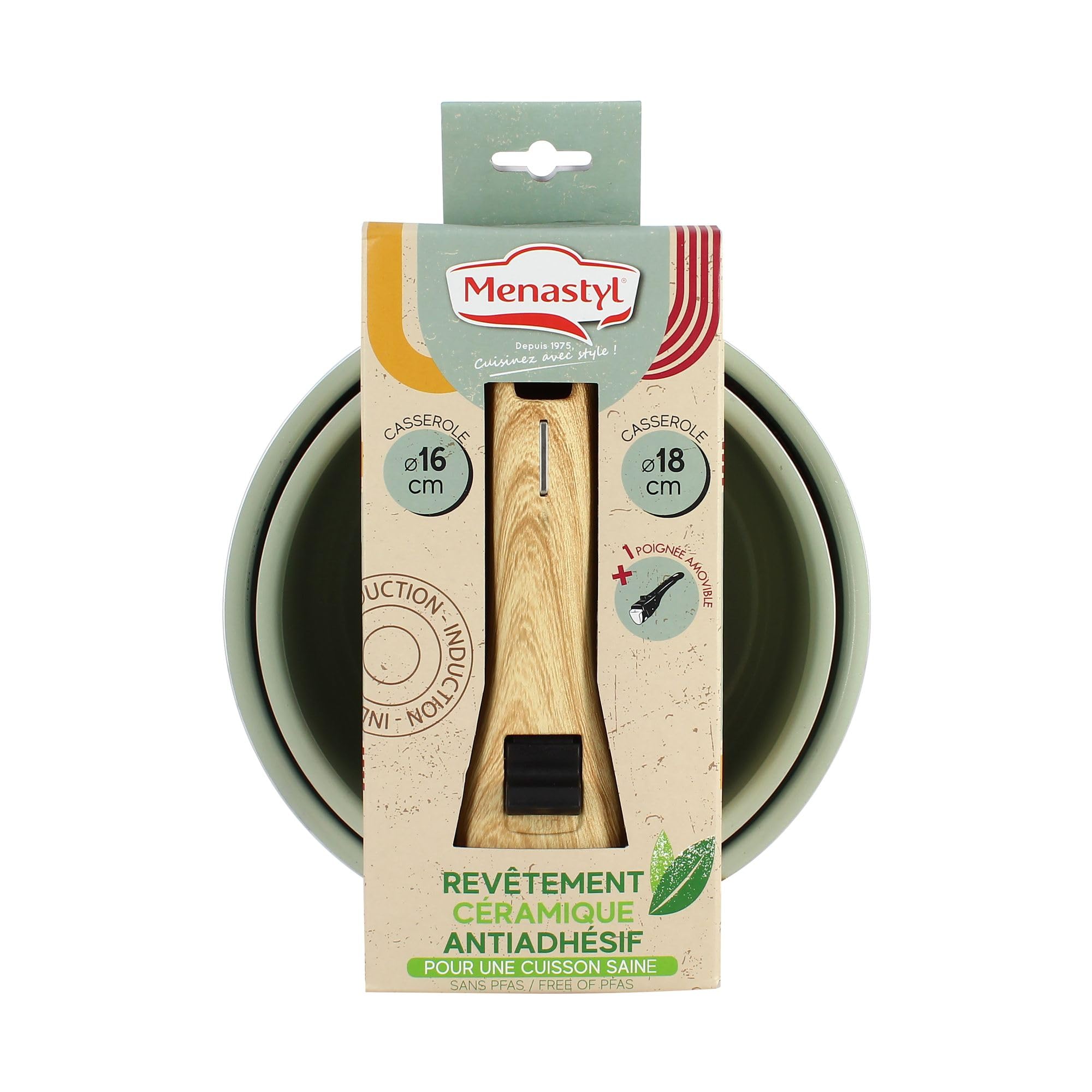 MENASTYL - Lot de 2 Casseroles Amovibles Empilables 16 et 18 cm - Tous Feux Dont Induction - Revêtement Céramique Antiadhésif sans PFAS - Gamme Colorama - Couleur Céladon - 98% Aluminium Recyclé