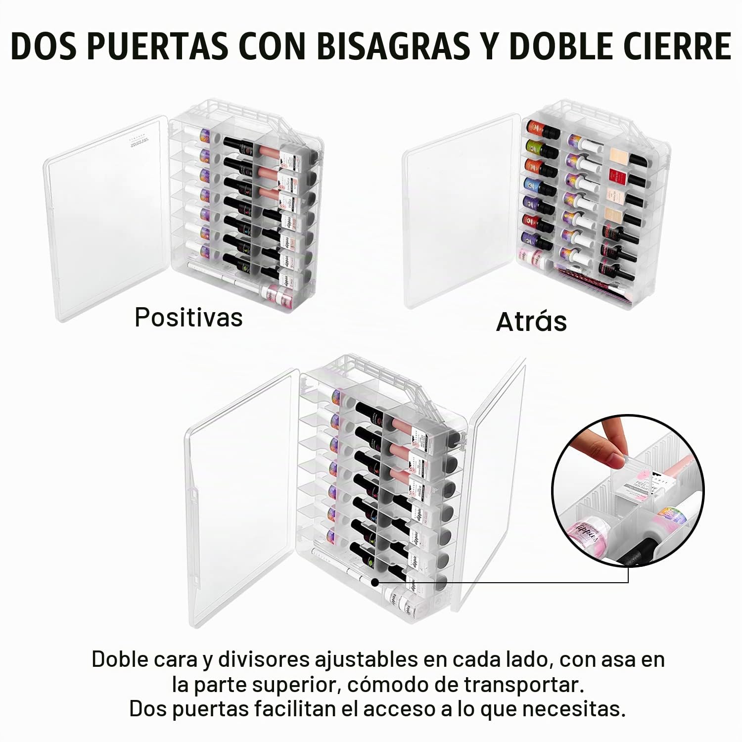 Makartt Organizador de esmalte de uñas – Soporte universal transparente para 48 botellas, estuche organizador de esmalte de uñas de gel resistente portátil con 8 separadores ajustables, ahorro de