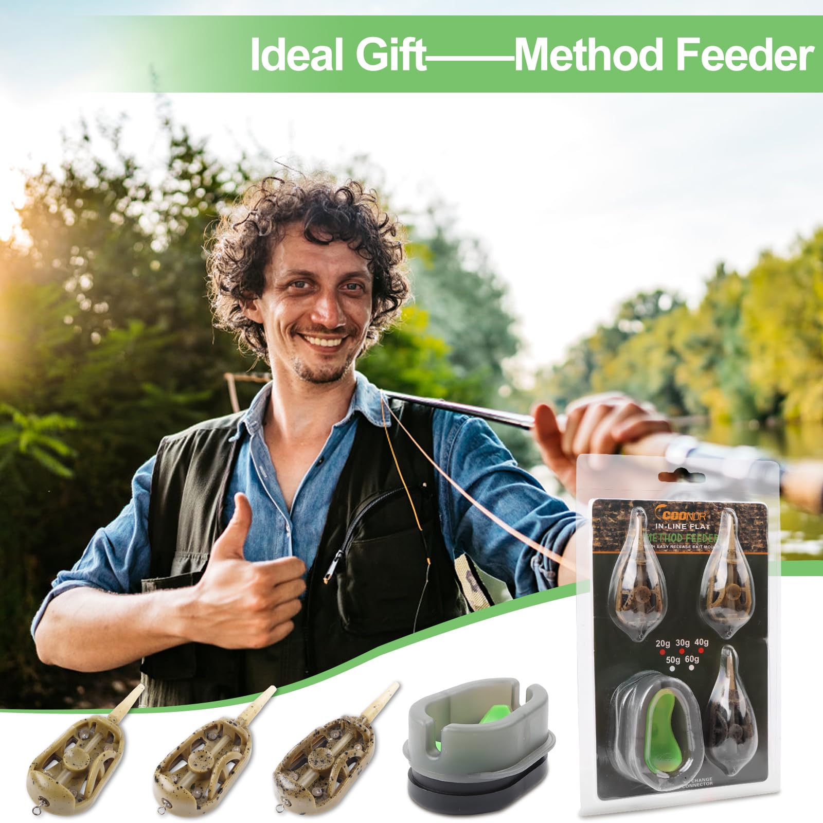 Method Feeder - Juego de 3 accesorios de pesca 4 en 1 para carpa, accesorios de método plano, con 20 g, 30 g, 40 g