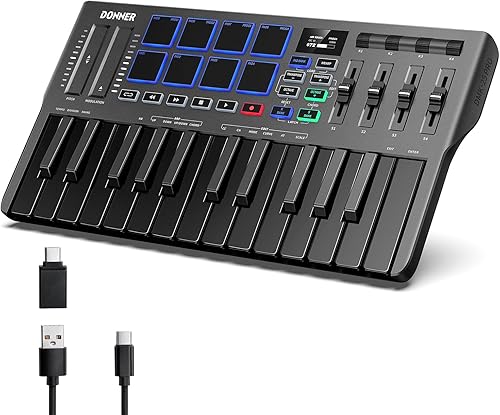 Donner DMK25 Pro Controlador de teclado USB MIDI, 25 mini teclas, MIDI portátil con 8 pads retroiluminados, pantalla OLED, barra táctil