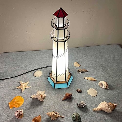 Miniatura 3 de Bieye L10871 Lighthouse Tiffany Style - Lámpara de mesa decorativa con vitrales, luz nocturna para decoración del hogar (5.5x5.5x15, azul)
